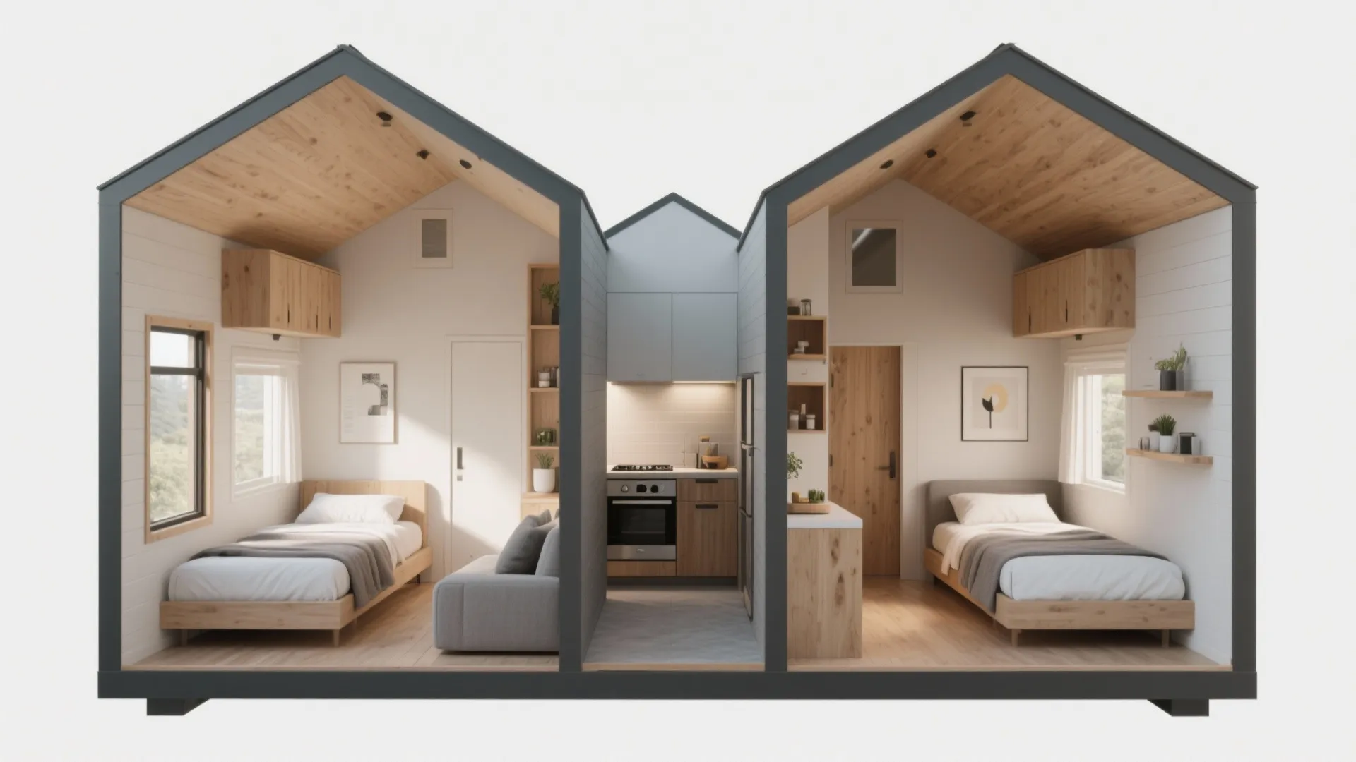 Split-zone tiny house interior with two bedrooms flanking a central living and kitchen core and built-in storage