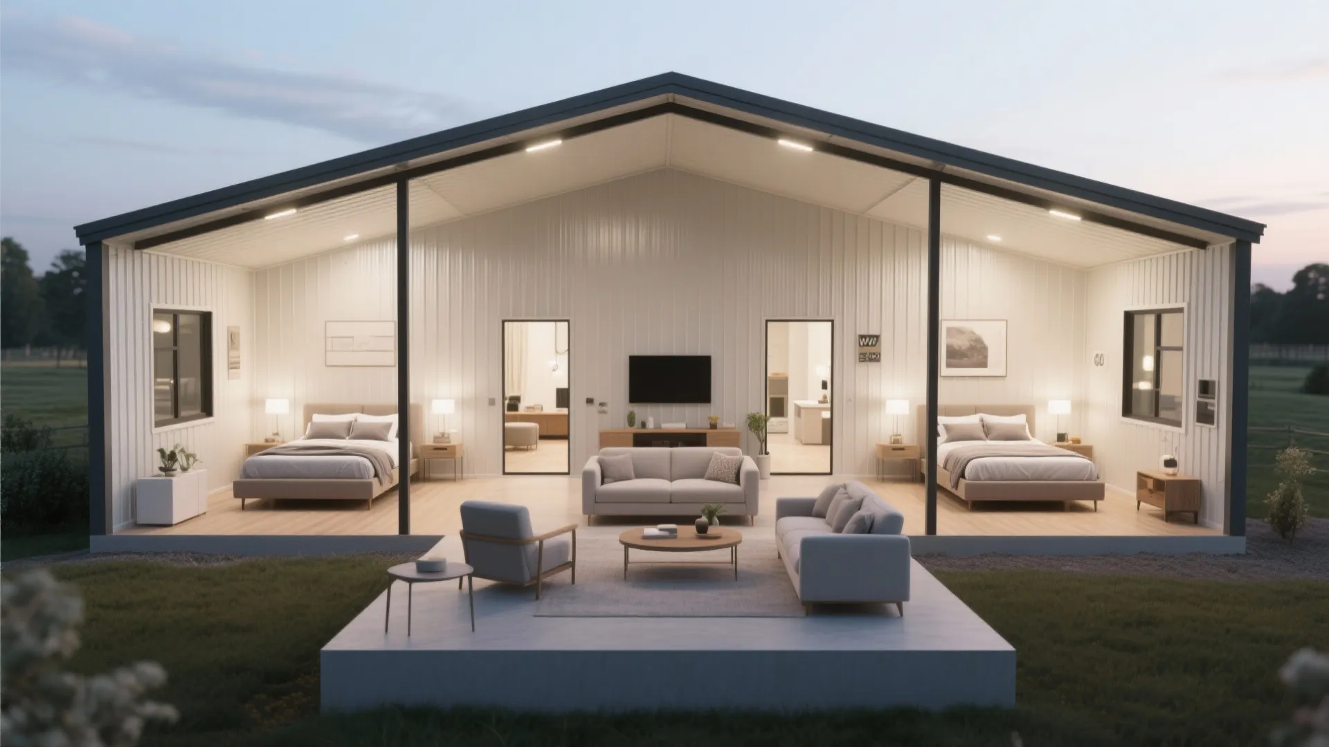 Modern metal house with open front showing two bedrooms and a central living room area