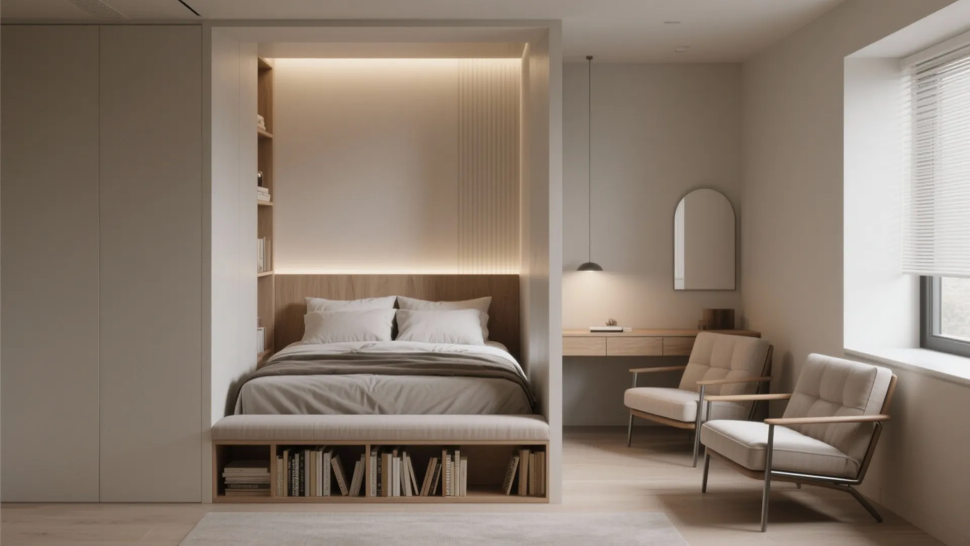 Modern bedroom nook featuring a built-in bed with wooden bookshelves and two comfortable white chairs
