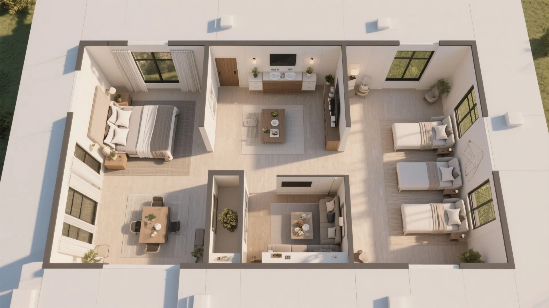 Top-down view of a split-zone single-story plan showing master suite and bedroom wing separated by a central living area.