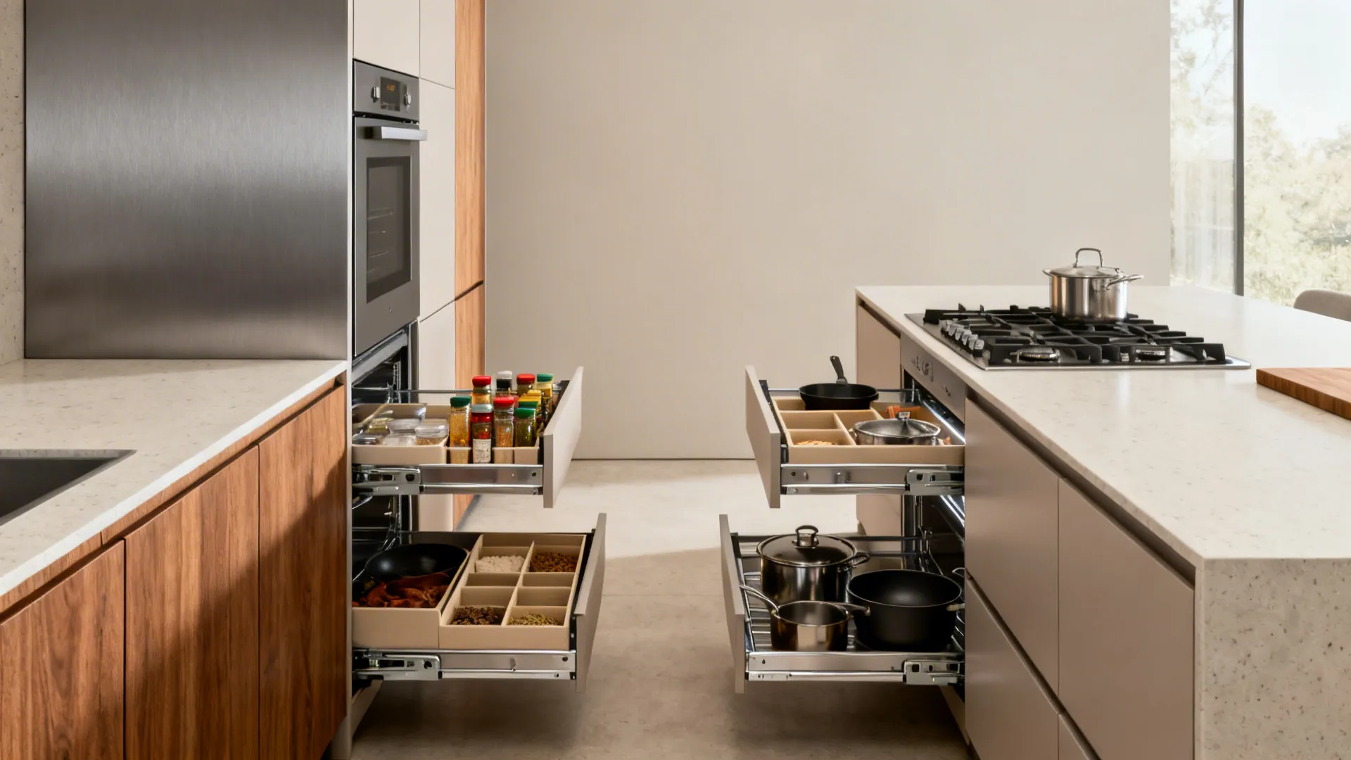 Parallel kitchen with tall pantry and drawer-heavy base units organized by cooking zone for fast access.