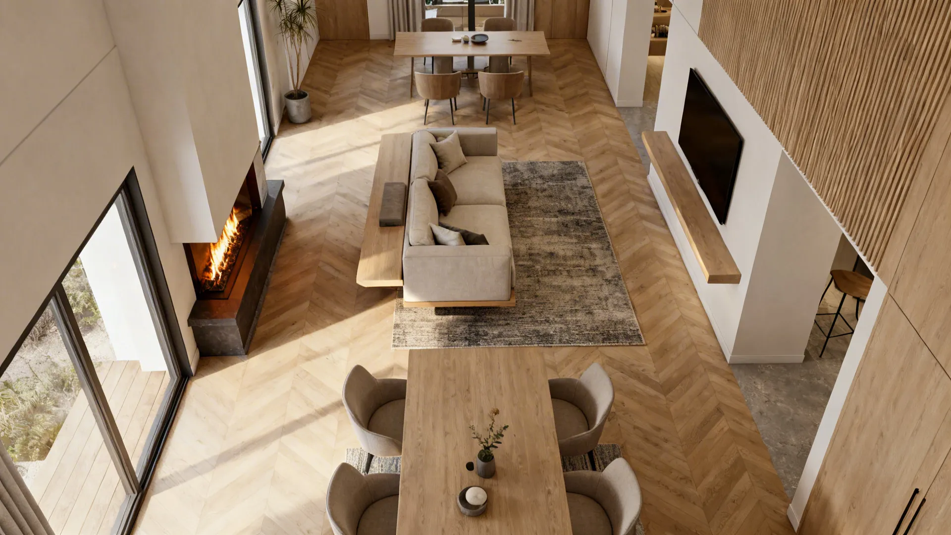 Top-down view of a split-zone narrow living room with a fireplace seating area and TV nook