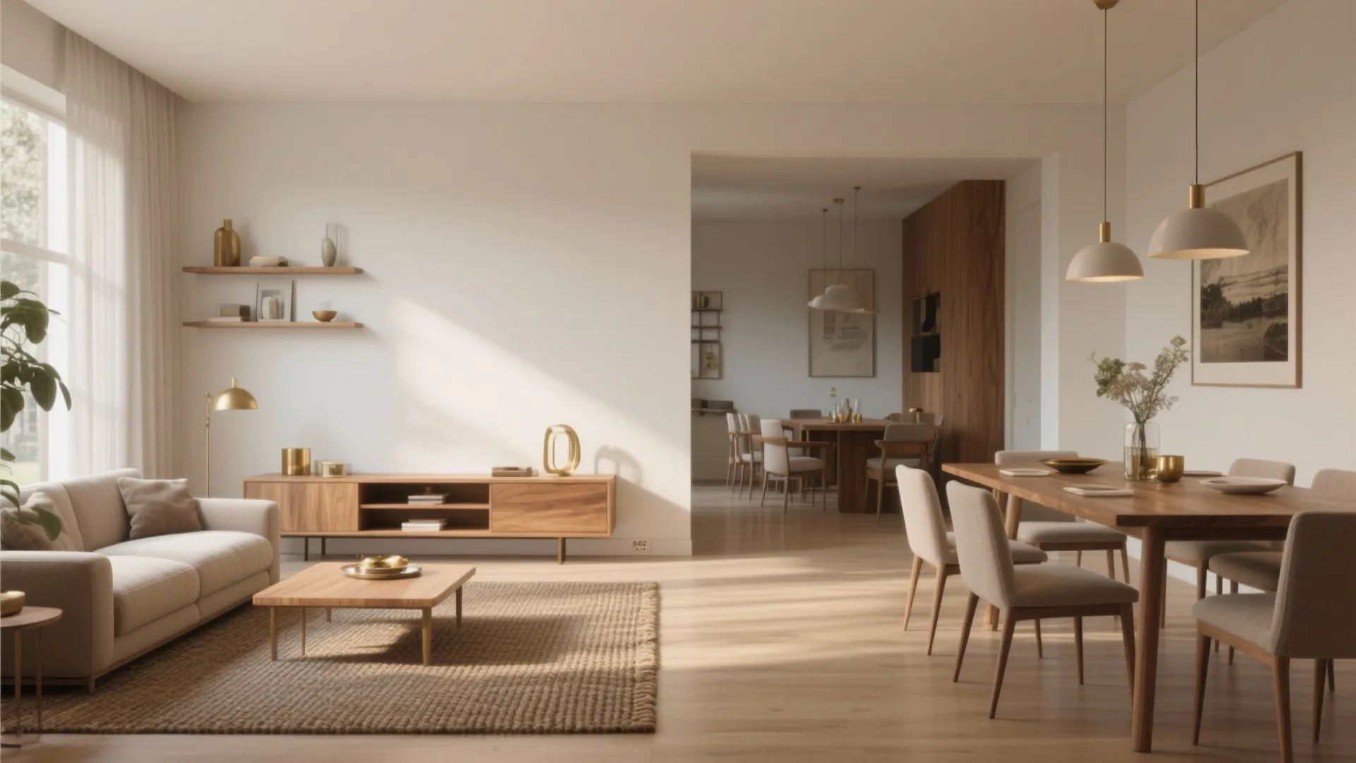 Spacious interior design drawing with wooden furniture rug ceiling light and dining area in the background