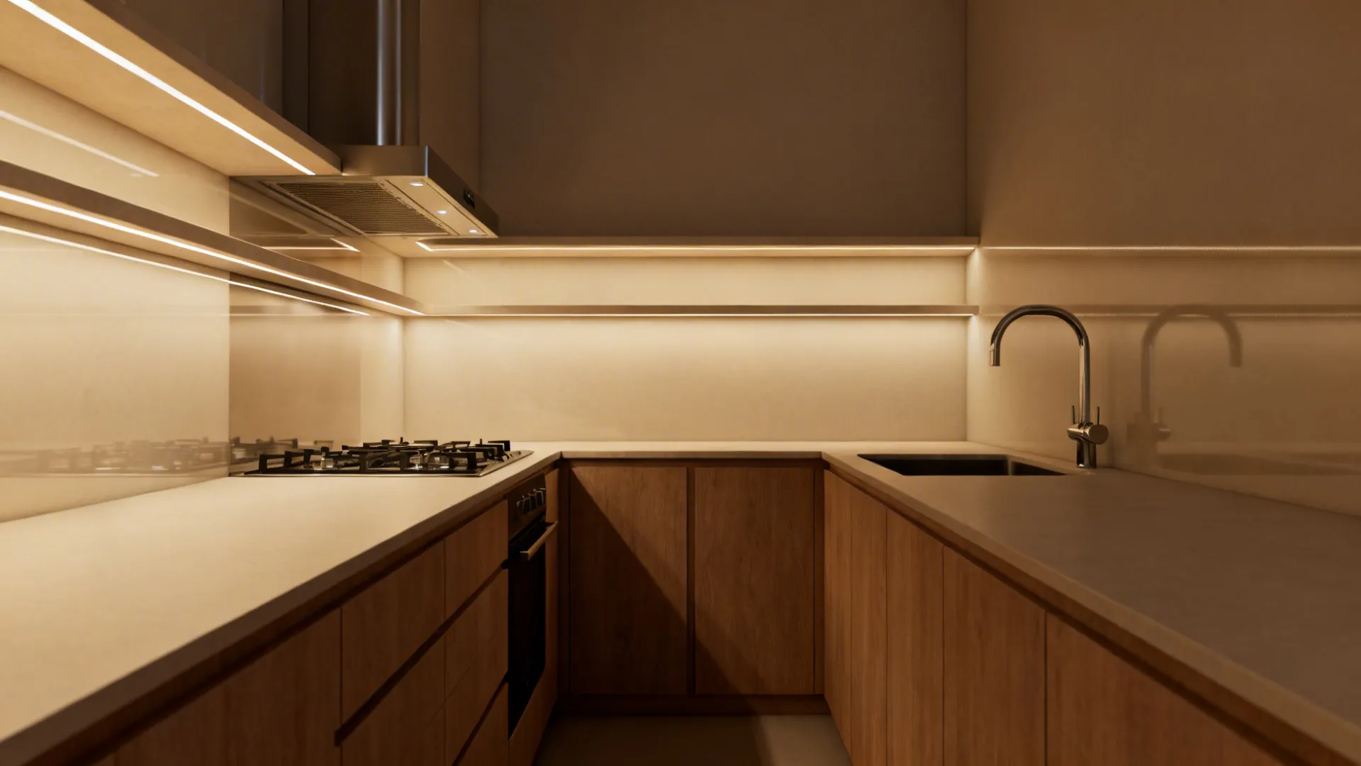 Small galley kitchen with hob oriented southeast and sink on the north wall, clear buffer and layered lighting.