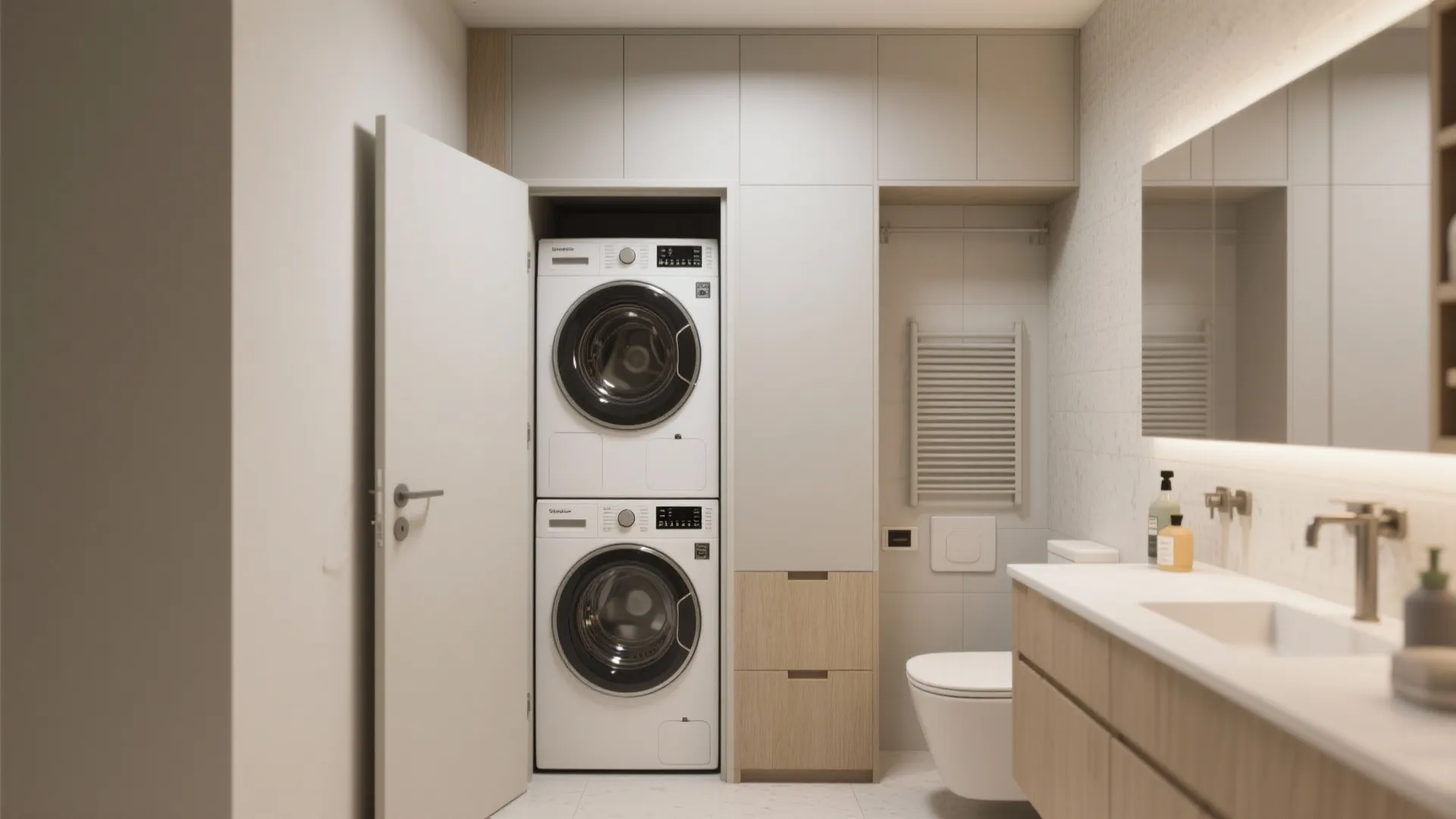 Compact bathroom with a stacked washer-dryer behind a pocket door and full-height storage wall opposite
