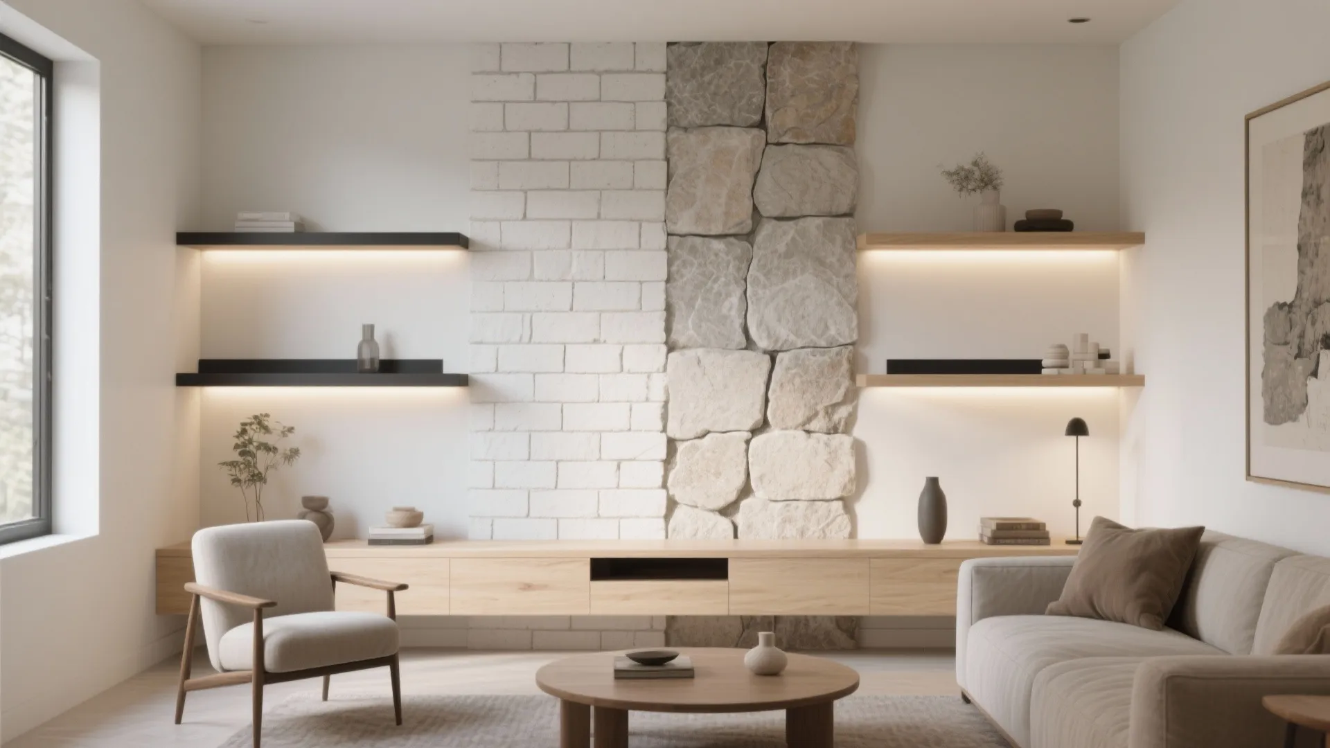 Minimalist living room with stone wall accents wooden cabinet grey sofa chair and lighted shelves