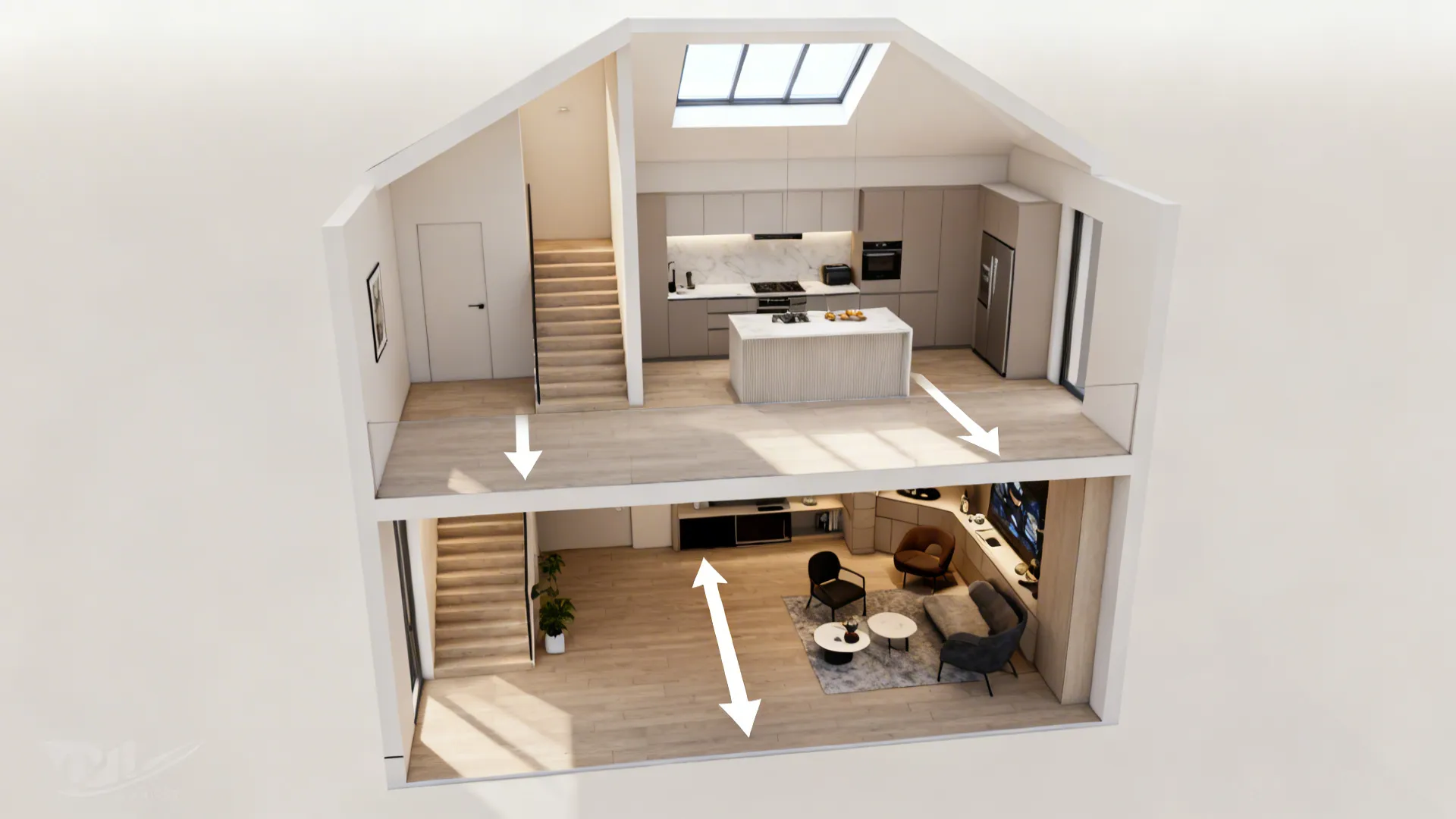Top-down schematic view of a split-level floor plan highlighting key renovation strategies and flow.