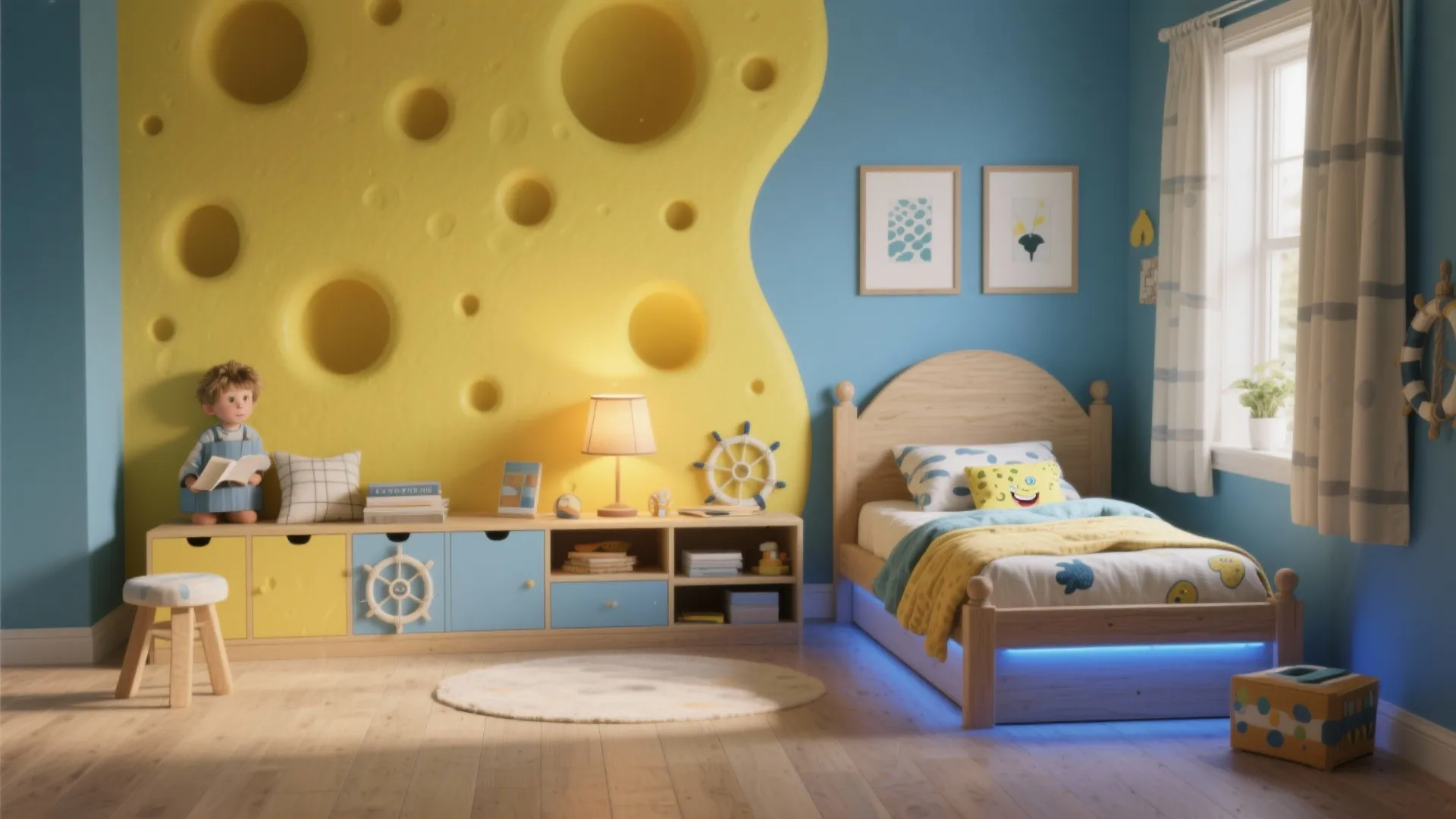 Kids bedroom featuring yellow sponge wall art blue walls wooden bed and nautical themed decor