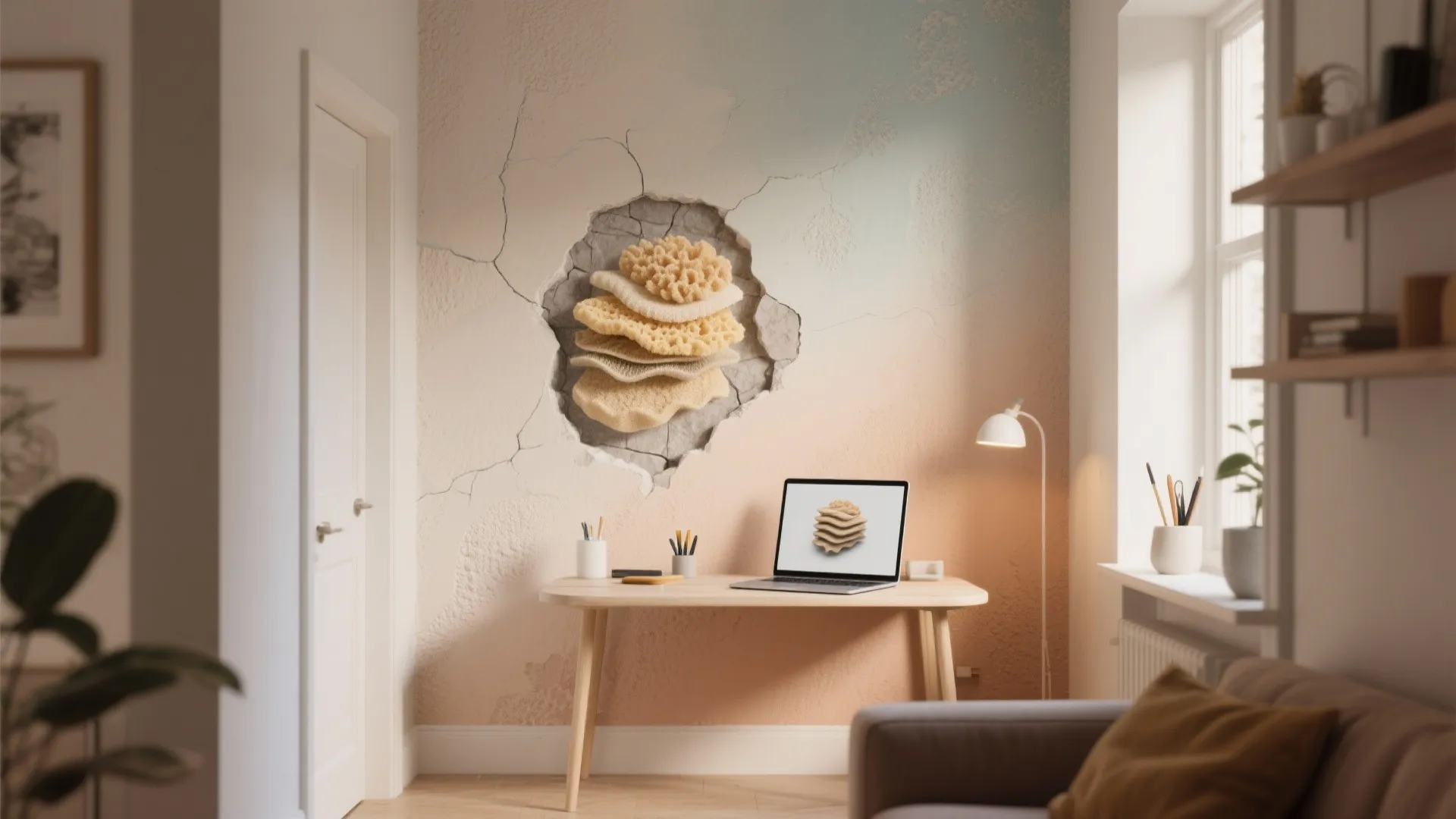 Modern desk with laptop and lamp next to cracked wall revealing soft yellow sponge material