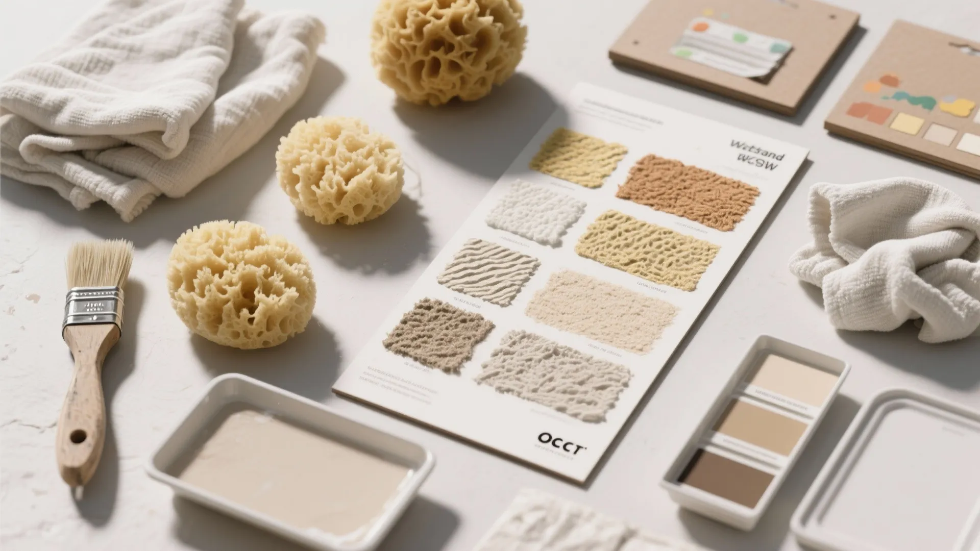 Flatlay of wall texture samples with sponges and paint brushes on a white working surface
