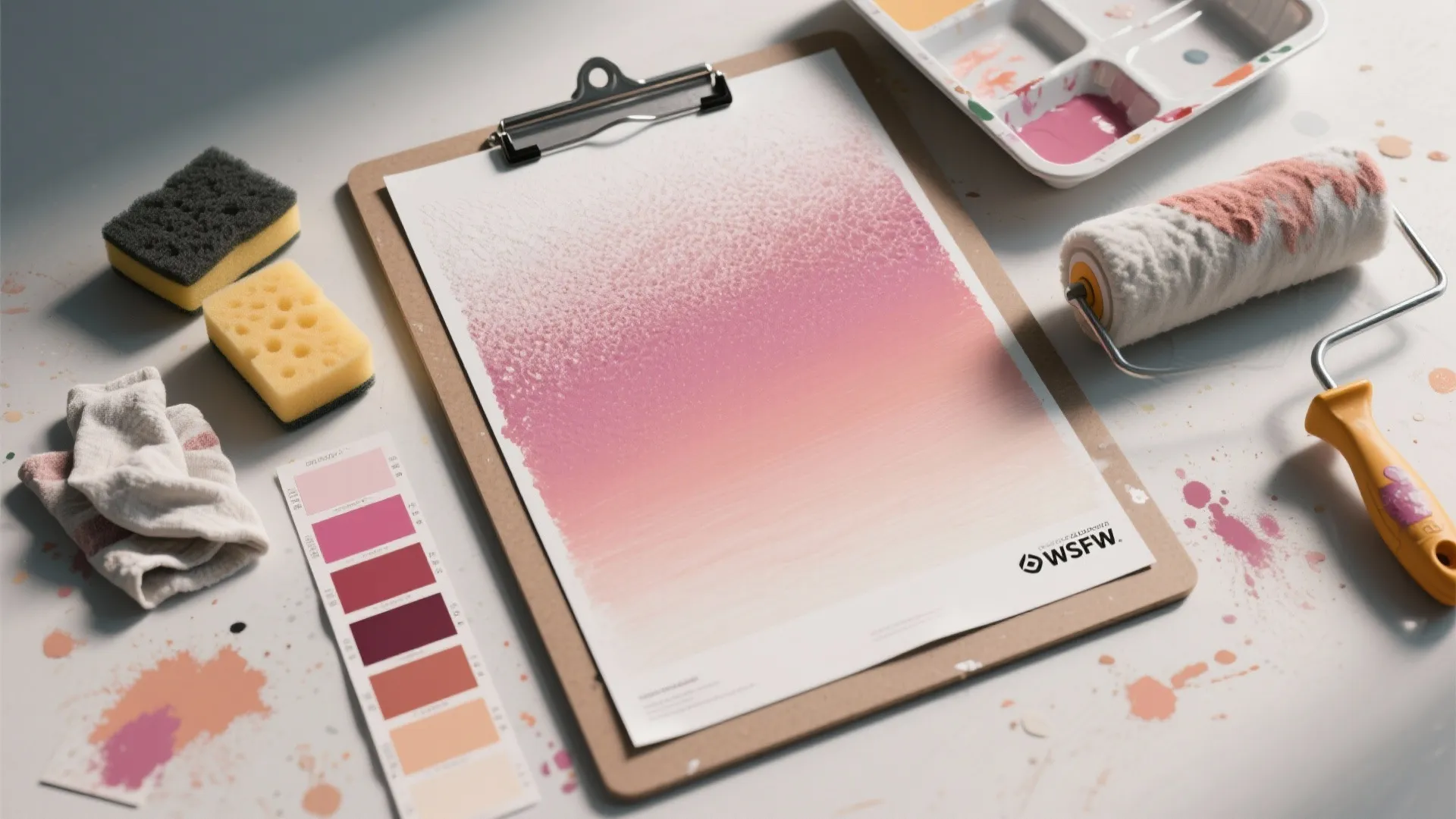 Pink gradient paint effect on paper with painting tools including sponge rollers and color swatches
