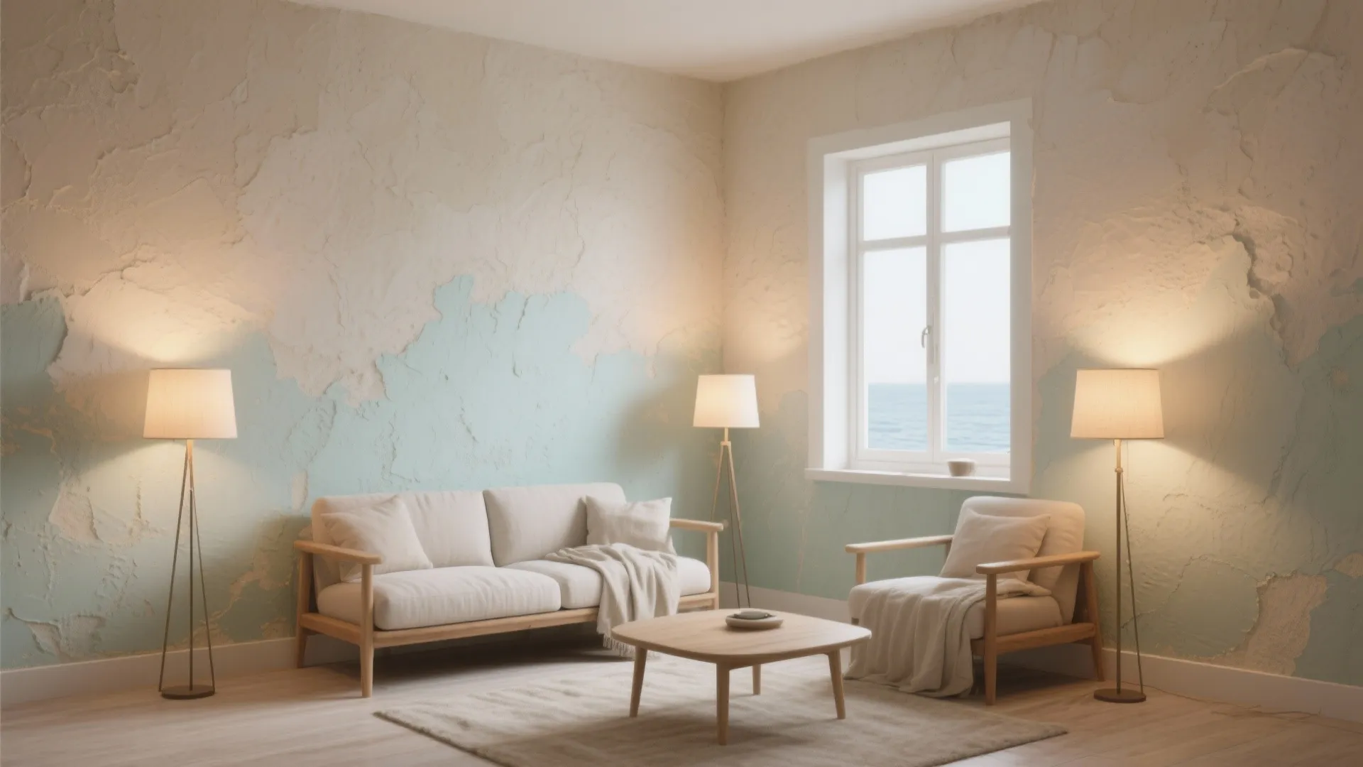 Modern living room with white sofa wooden coffee table two floor lamps and textured blue wall