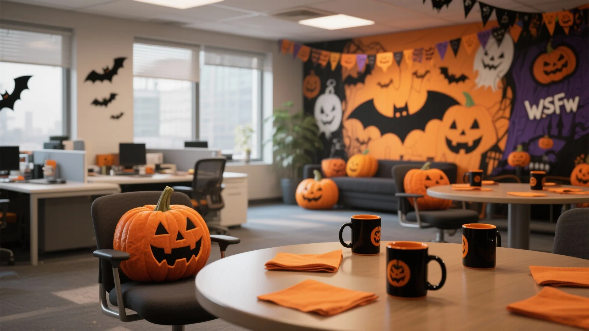 Office break area with round tables, orange napkins, pumpkin mugs, and large carved pumpkin decorations
