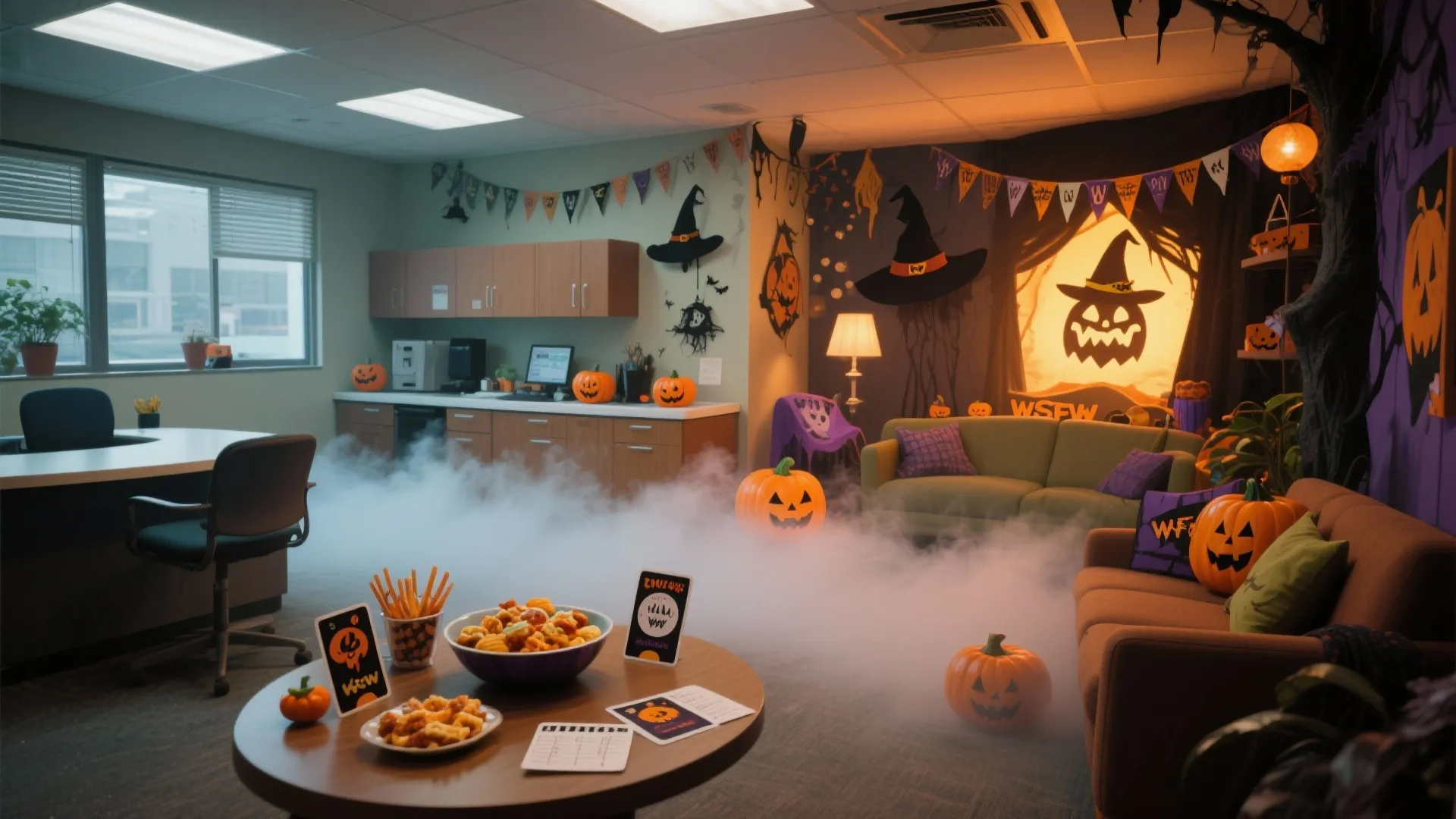 Office break room with fog effect, snacks on table, pumpkins, witch hats, and green sofa