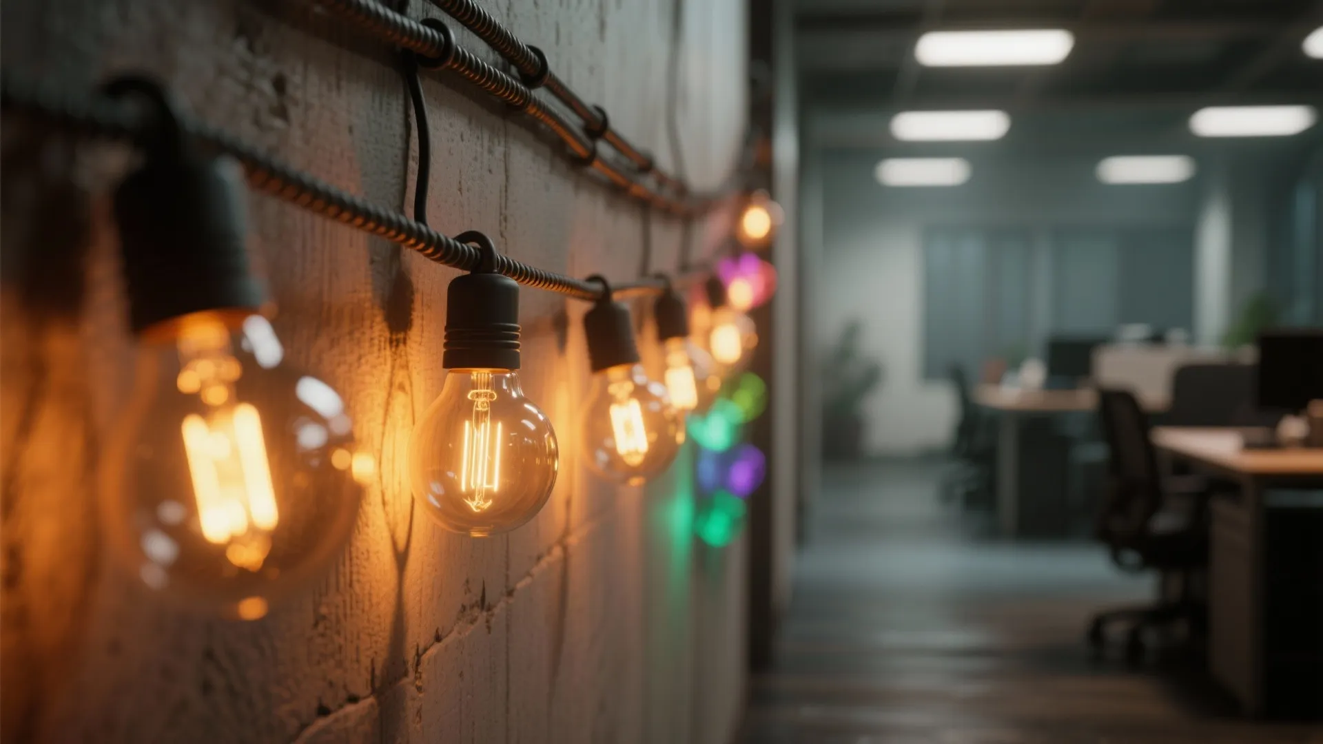String of glowing light bulbs hanging on a wall with a blurry office interior background