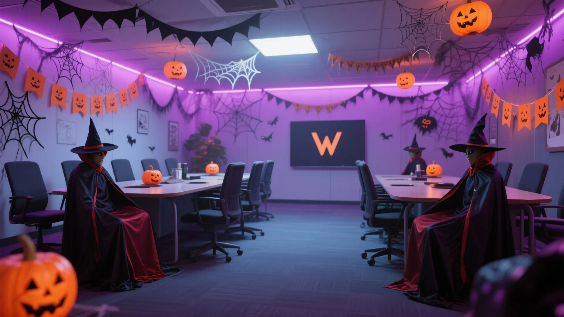 Spooky office meeting room decorated with pumpkins cobwebs purple lights and people wearing black capes