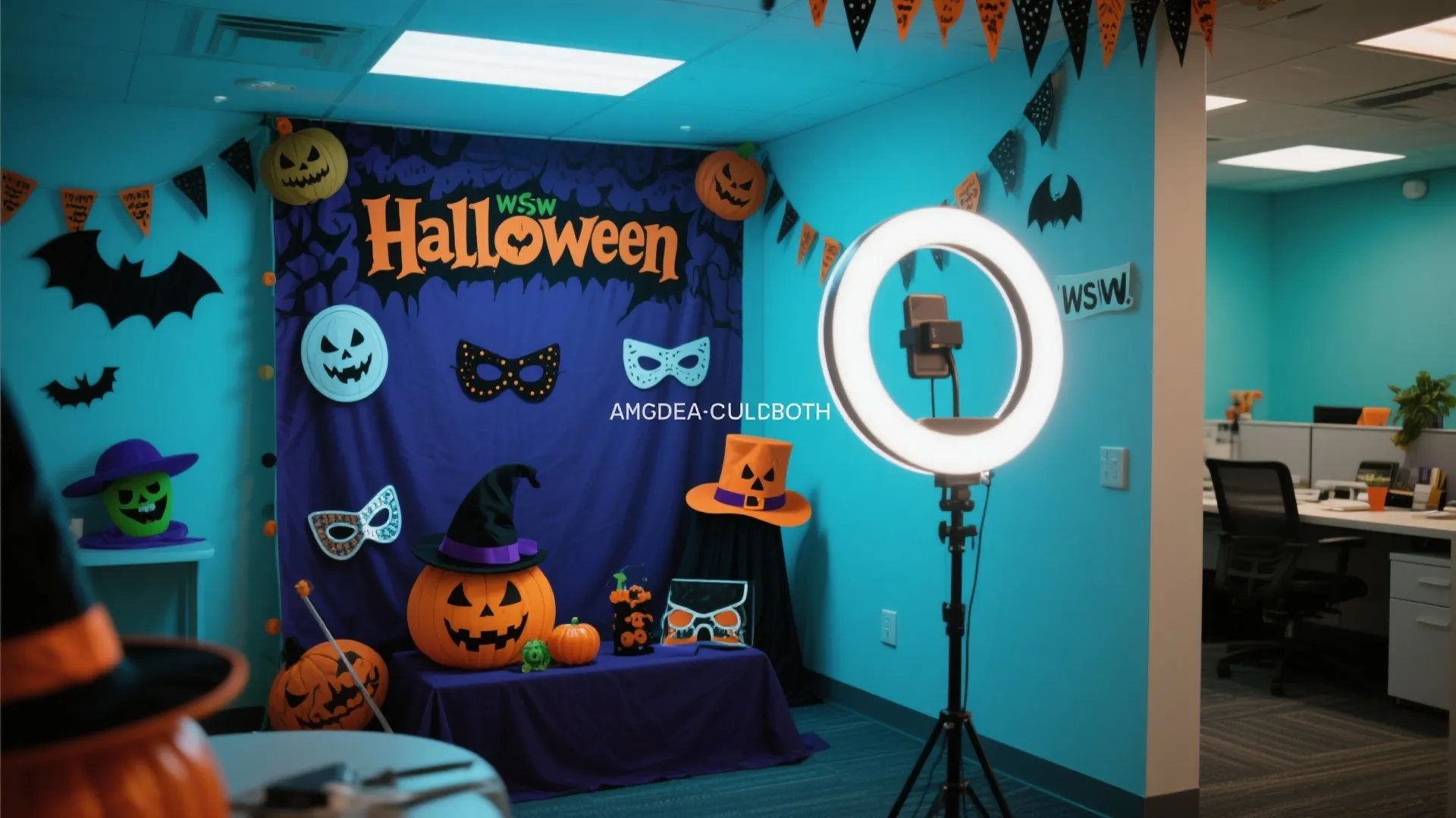 Office photo booth with halloween decorations featuring ring light pumpkins and a purple backdrop stand