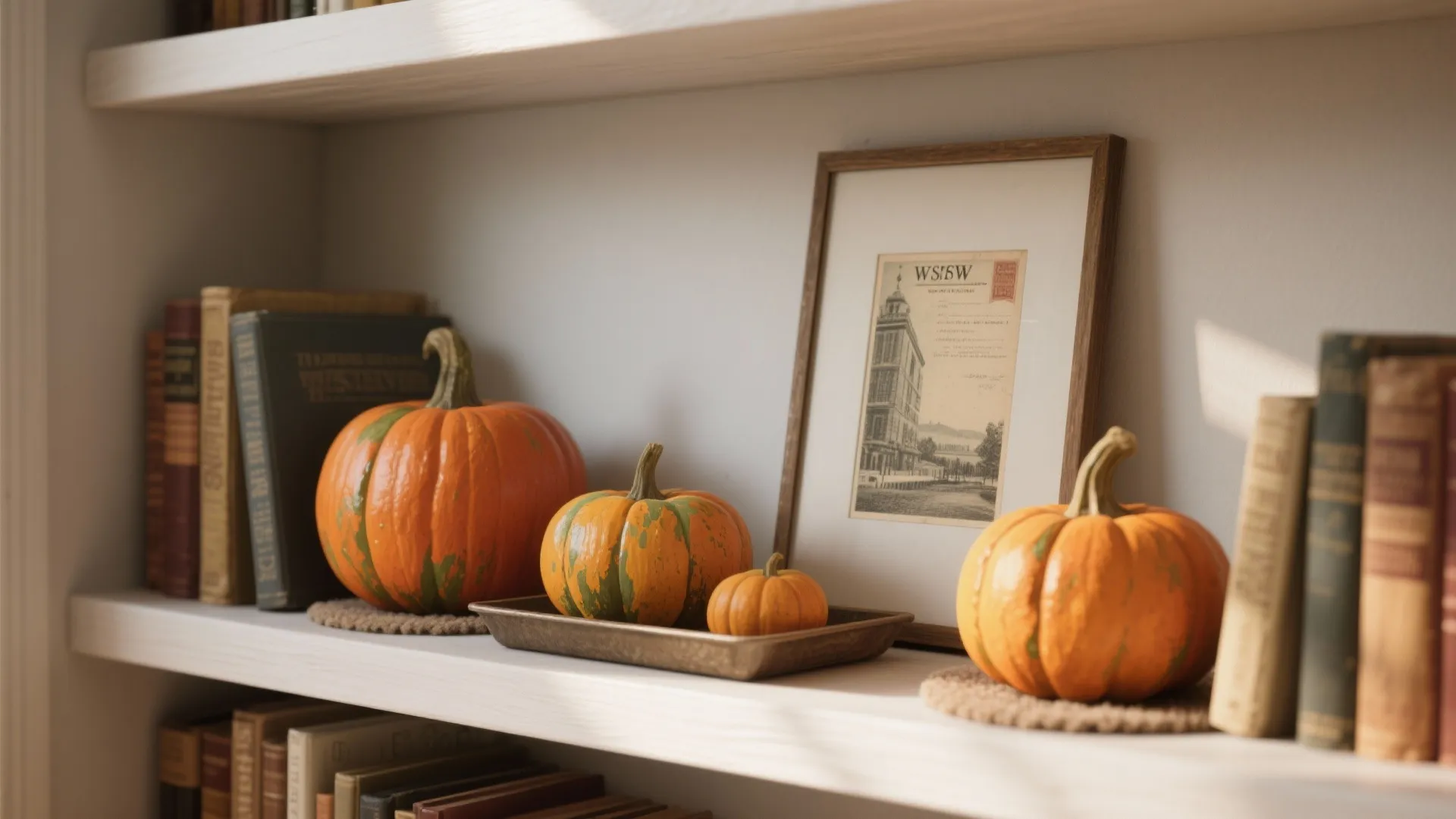 Shelf vignette with painted pumpkins, books, and a vintage postcard for texture.