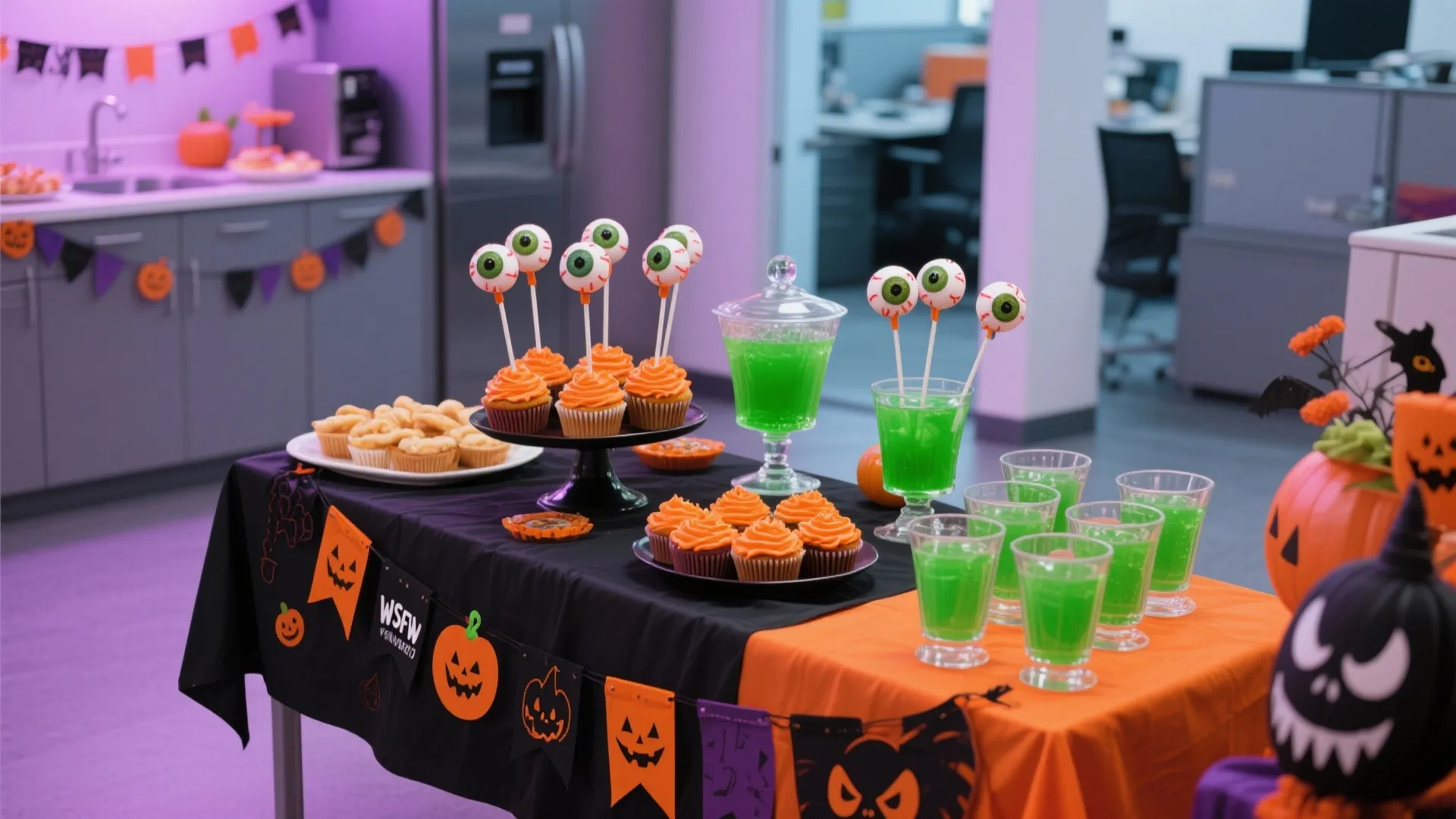 Office snack table with orange cupcakes green drinks eye cake pops and Halloween decorations for party