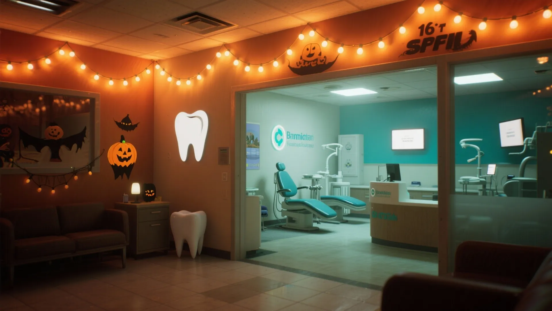 A dental office reception area decorated for Halloween with string lights and orange pumpkin wall art
