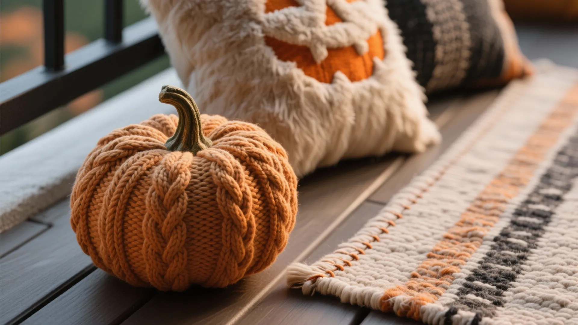 Close-up of a knit pumpkin beside faux fur and a flatweave outdoor rug.