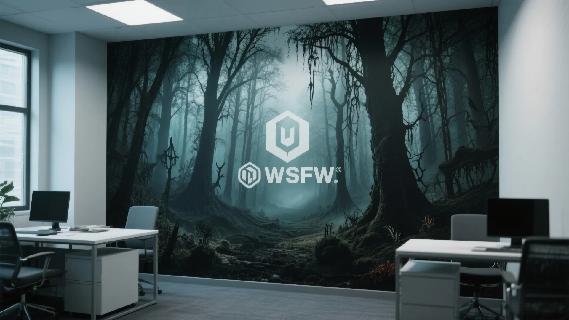 Modern office workspace featuring white desks and a large dark forest wall mural with logo