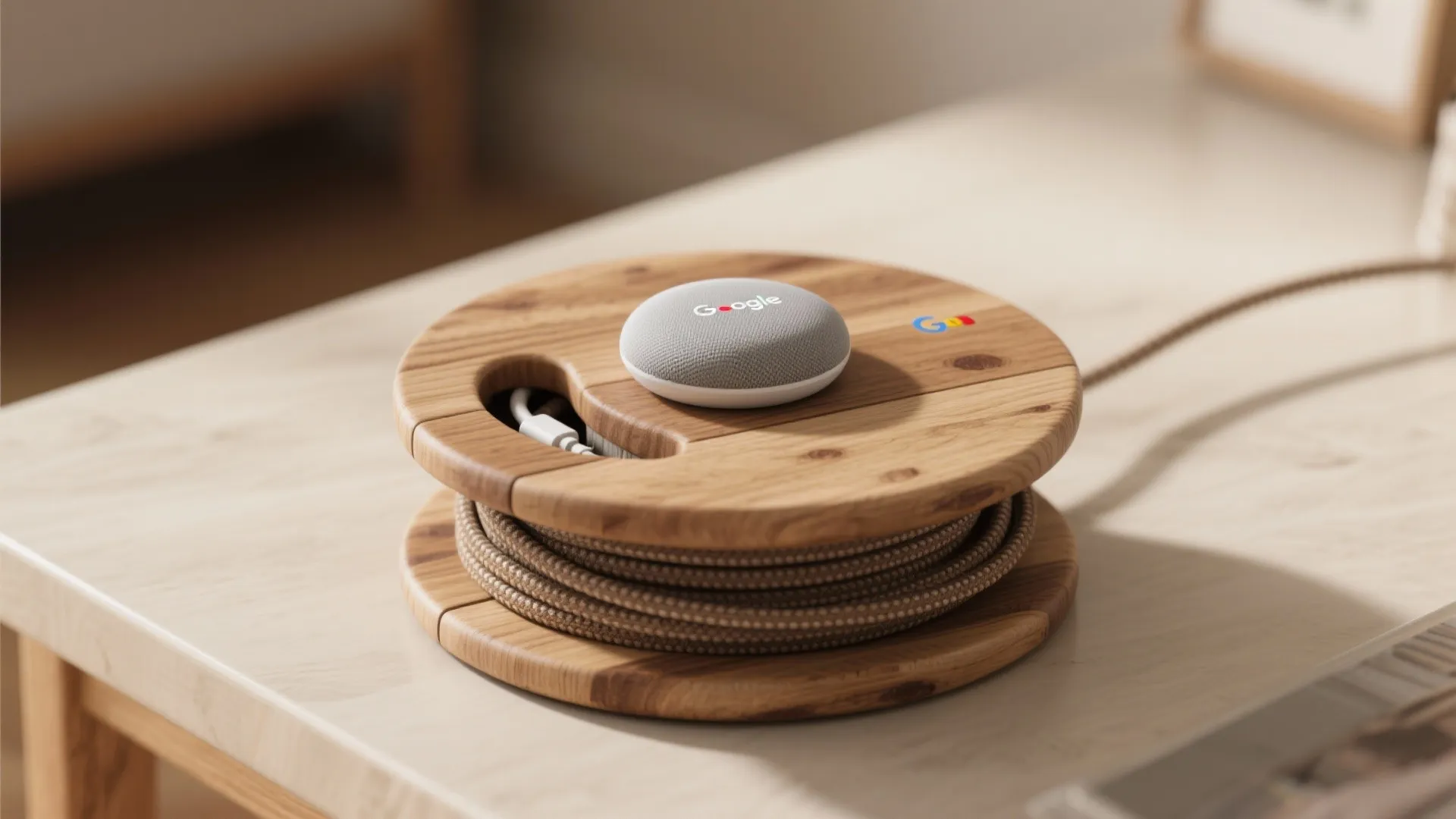 Smart speaker resting on a round wooden cord organizer placed on a light wood table