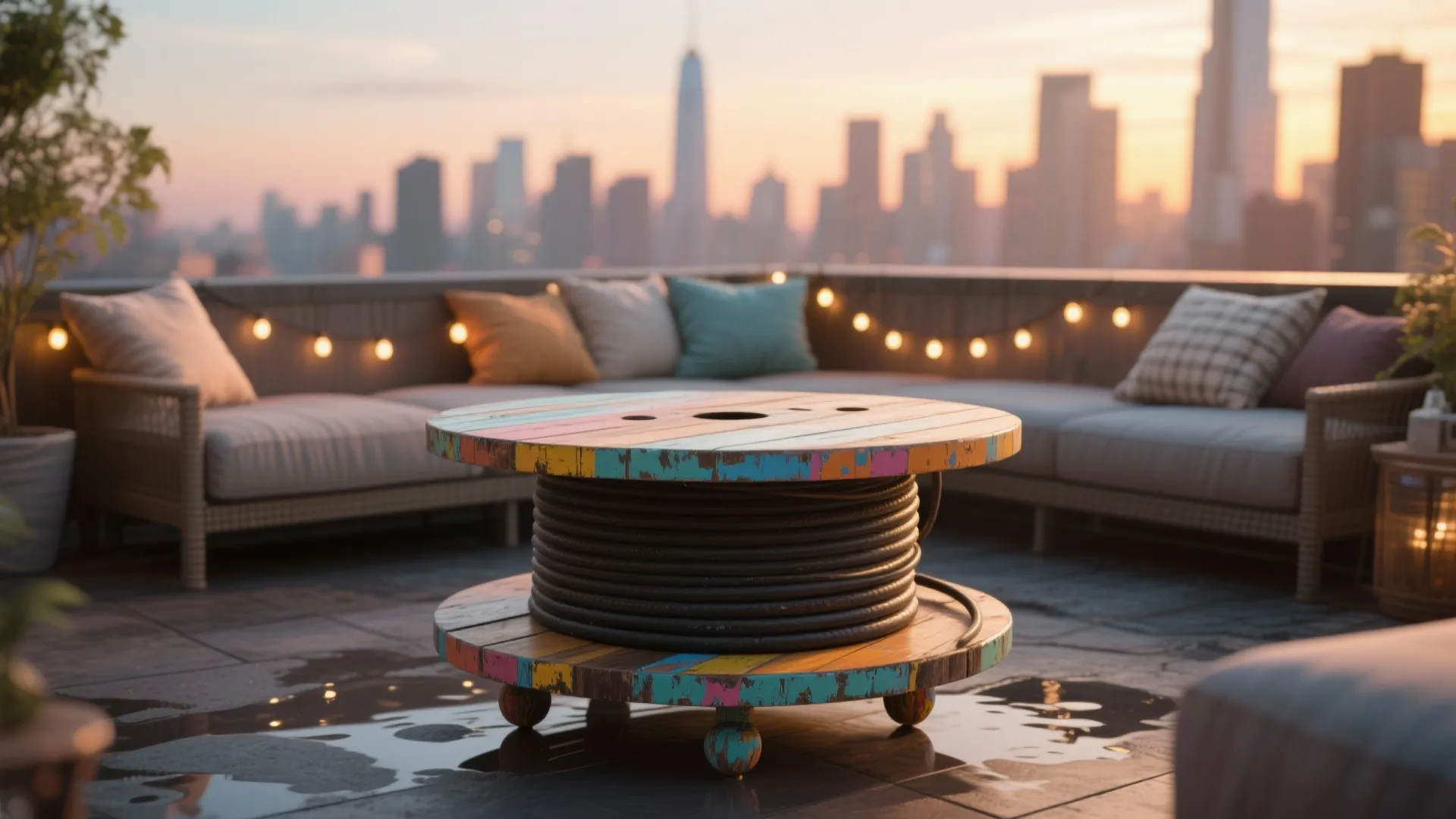 Painted cable-spool coffee table on a rooftop with cushions and warm sunset light.