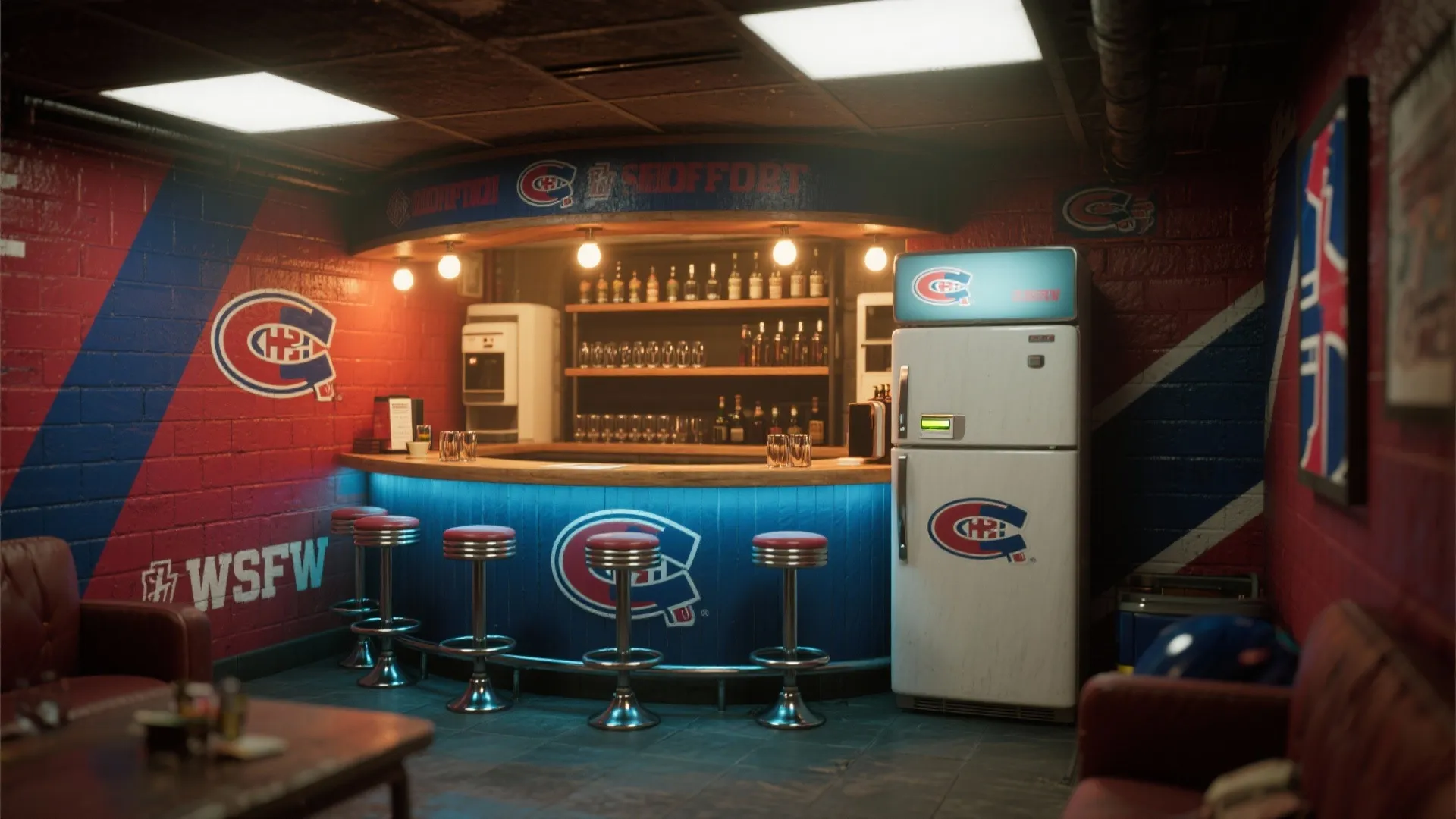 Cozy sports bar corner in a basement with team colors decor.