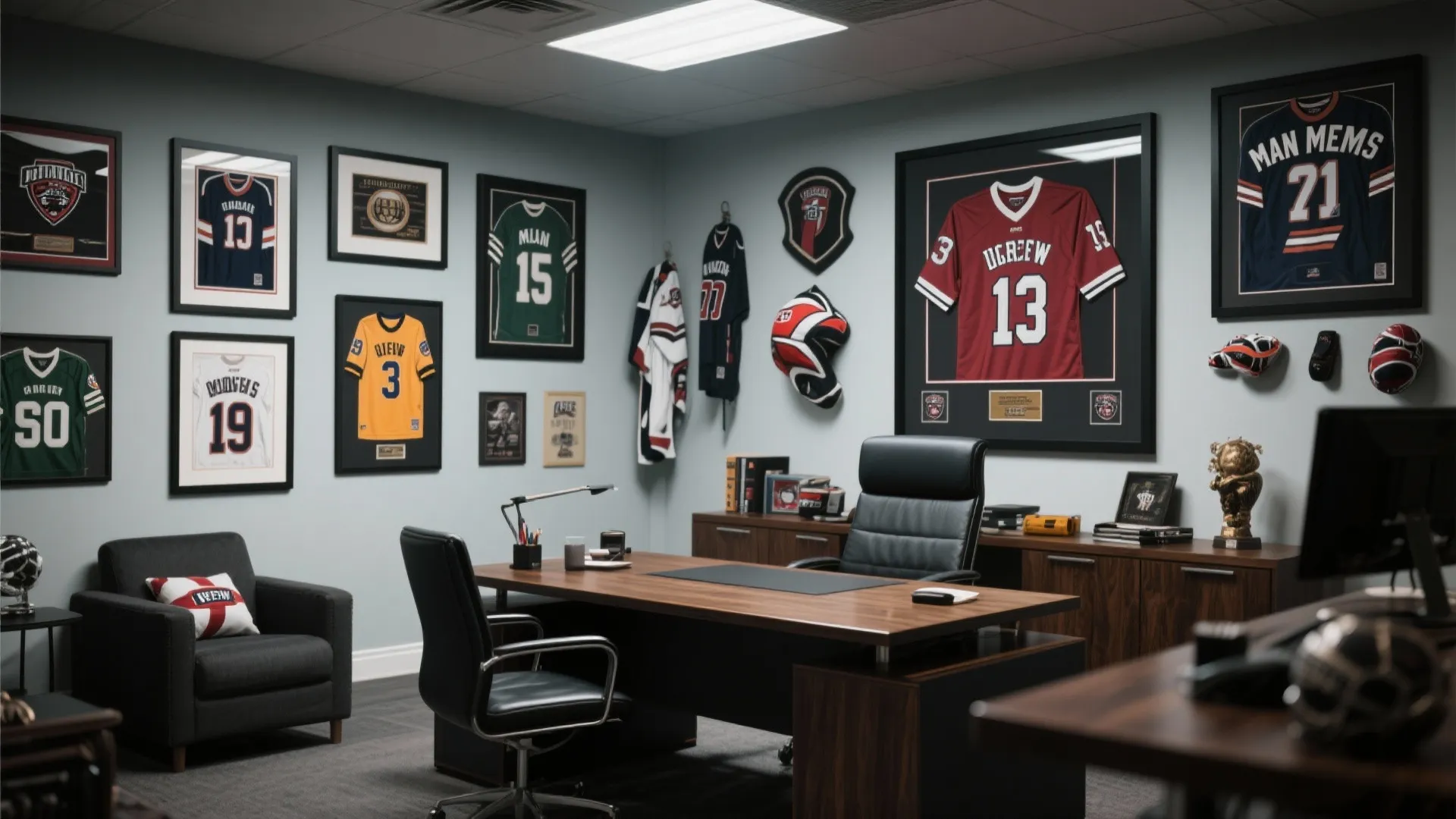 Modern office interior with framed sports jerseys on the wall wooden desk and black chair