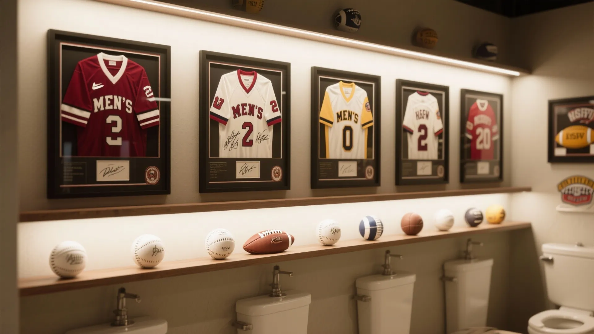 Sports themed bathroom wall featuring framed jerseys baseballs and footballs on wooden shelves with lighting