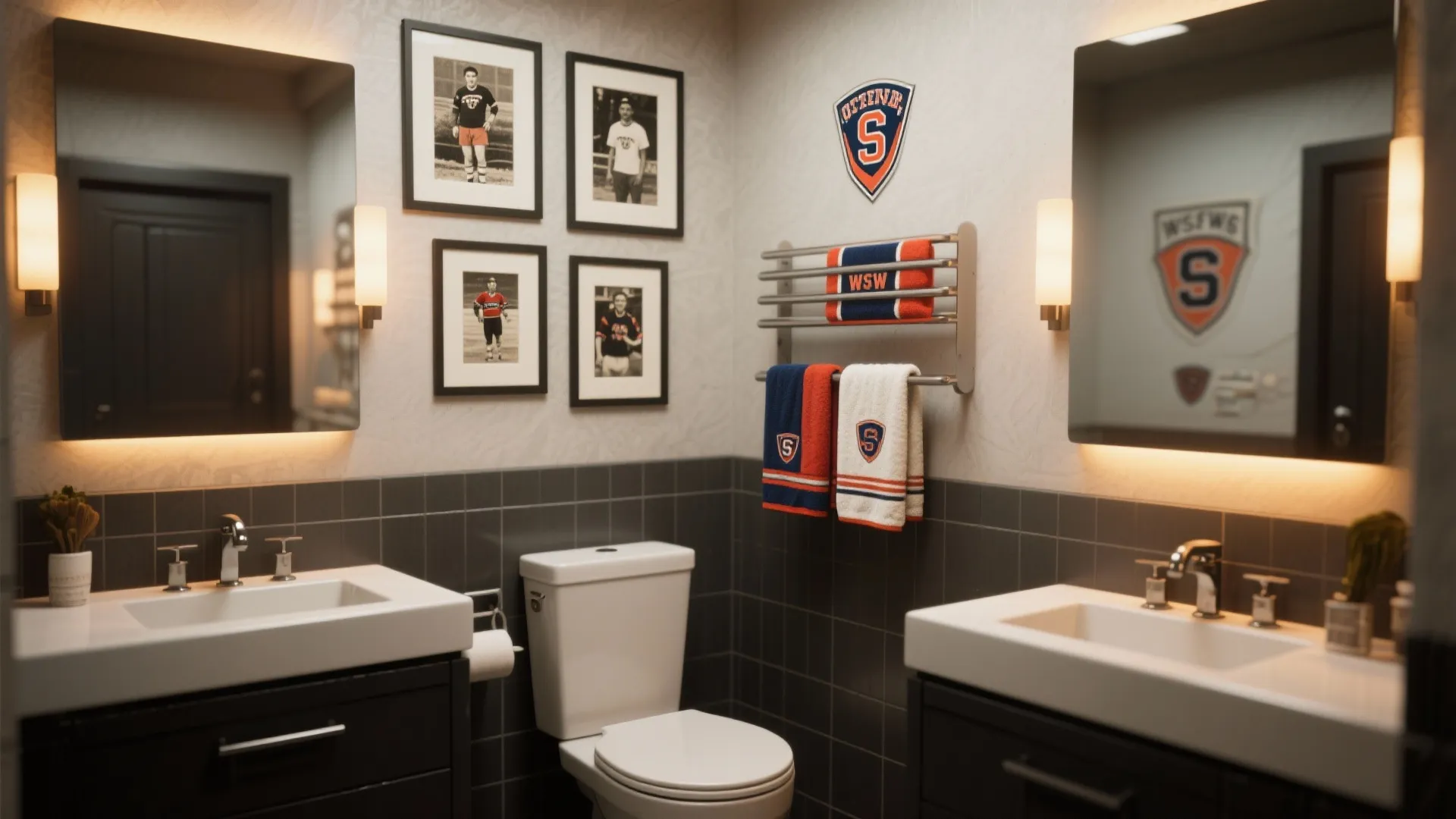 Sports themed bathroom with framed photos team towels white toilet two sinks and warm wall lights