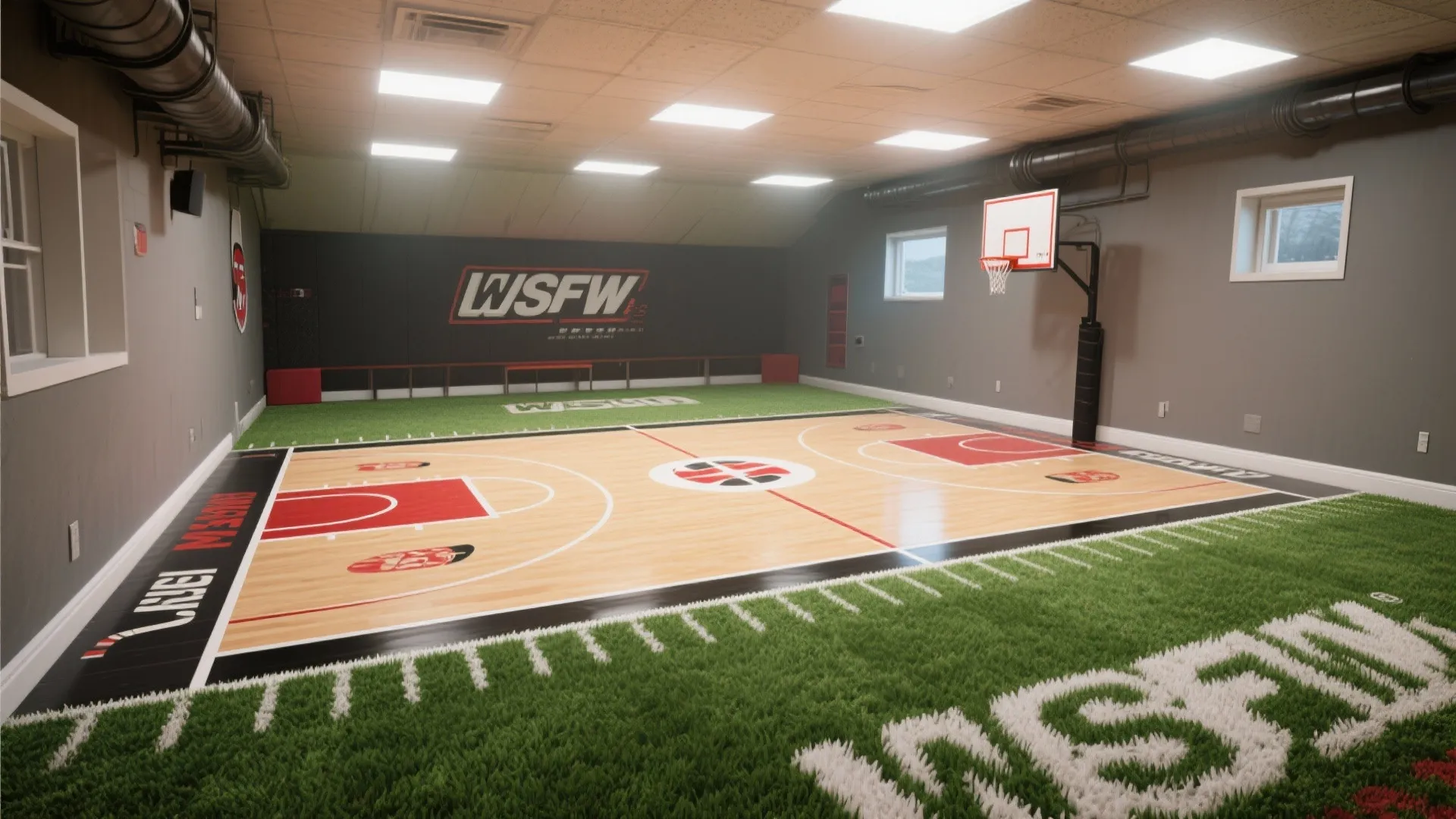 Basement floor with turf rug and sports court patterns.