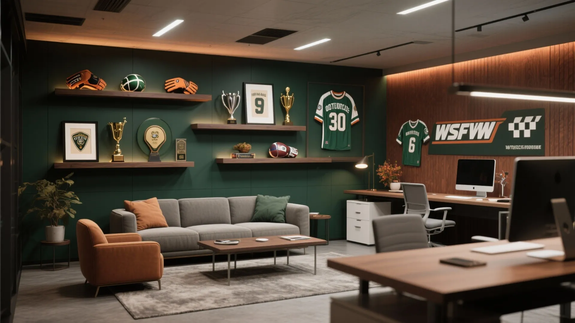 4. Sporty Lounge — casual seating and display shelves
