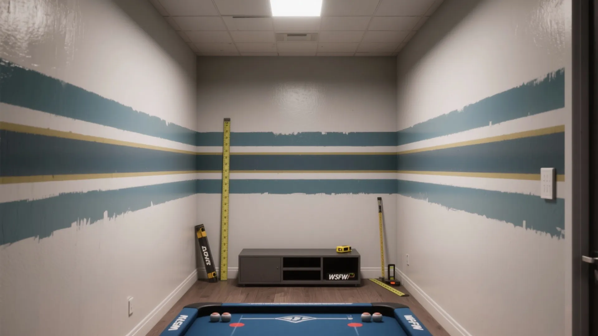 Modern game room with horizontal blue wall stripes pool table grey cabinet and measuring tools