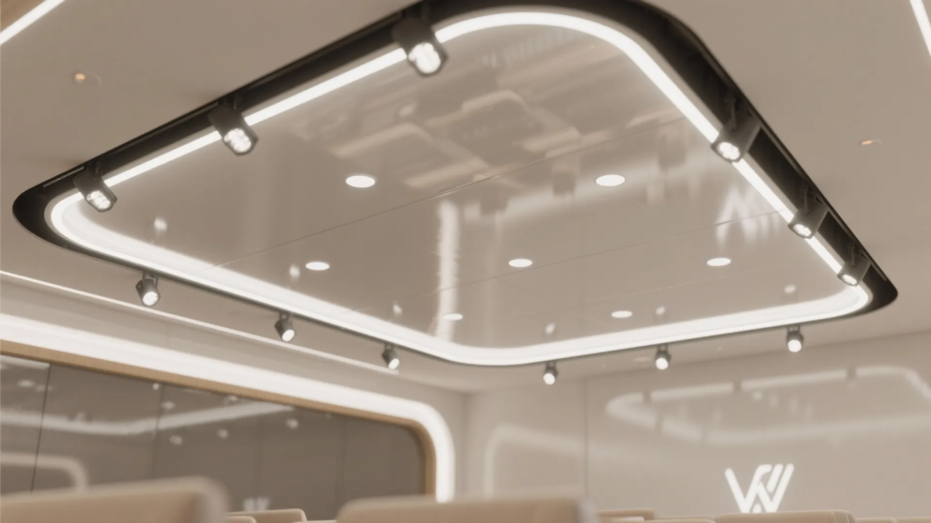 Modern white glossy ceiling with black track lights and recessed lights in a clean indoor space