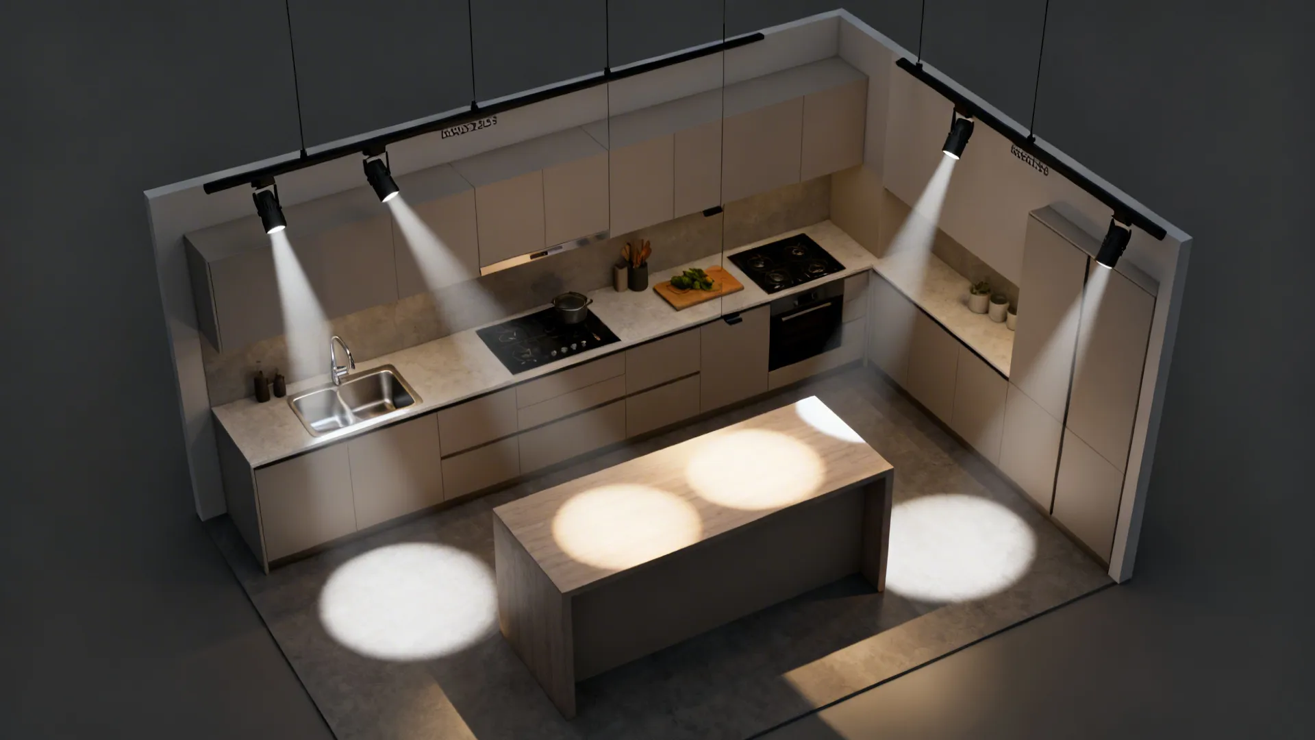 Top-down view mapping narrow and medium beams from adjustable spot heads over kitchen zones.