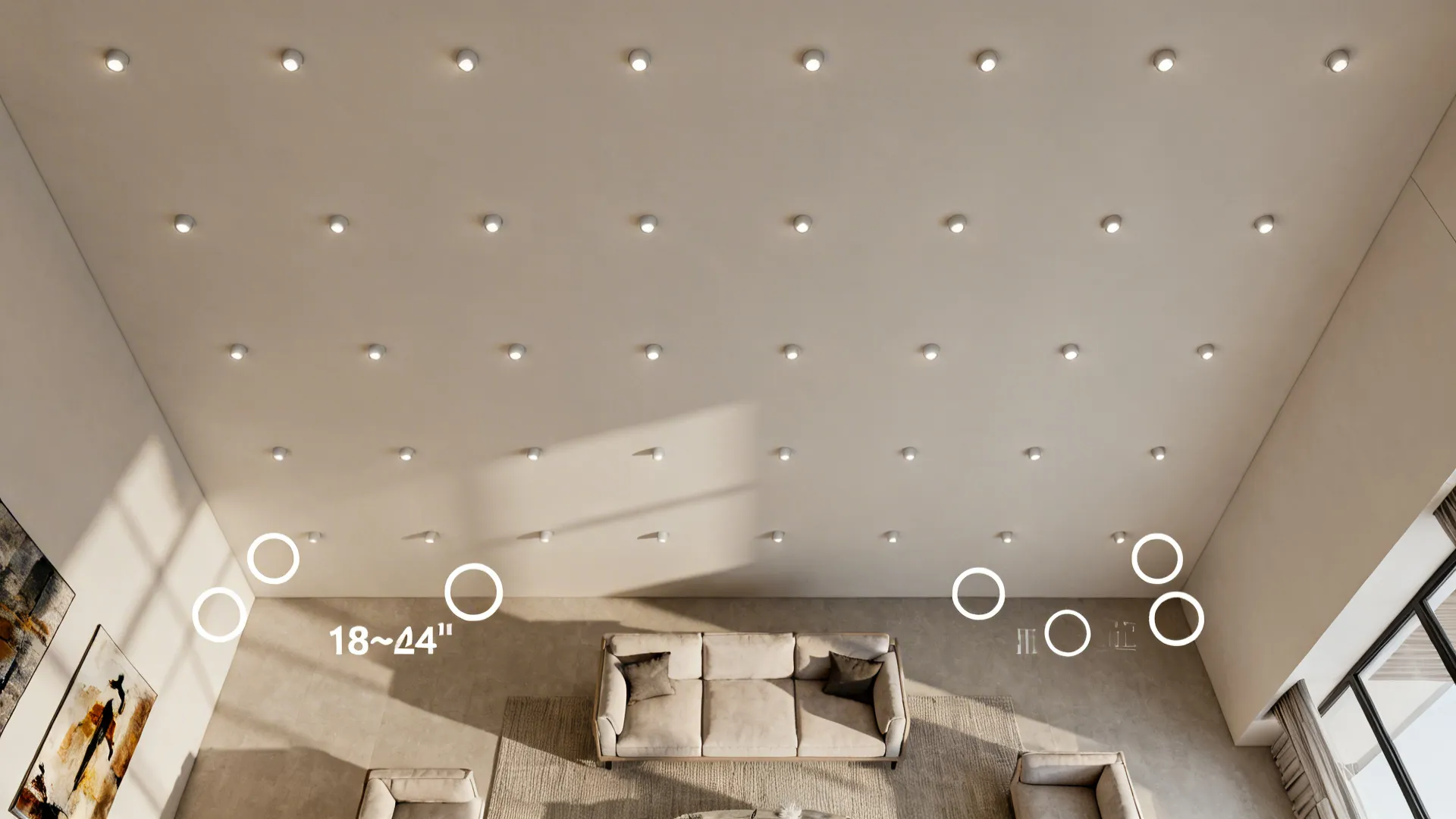 Top-down ceiling plan illustrating a tight grid of recessed spotlights near walls.