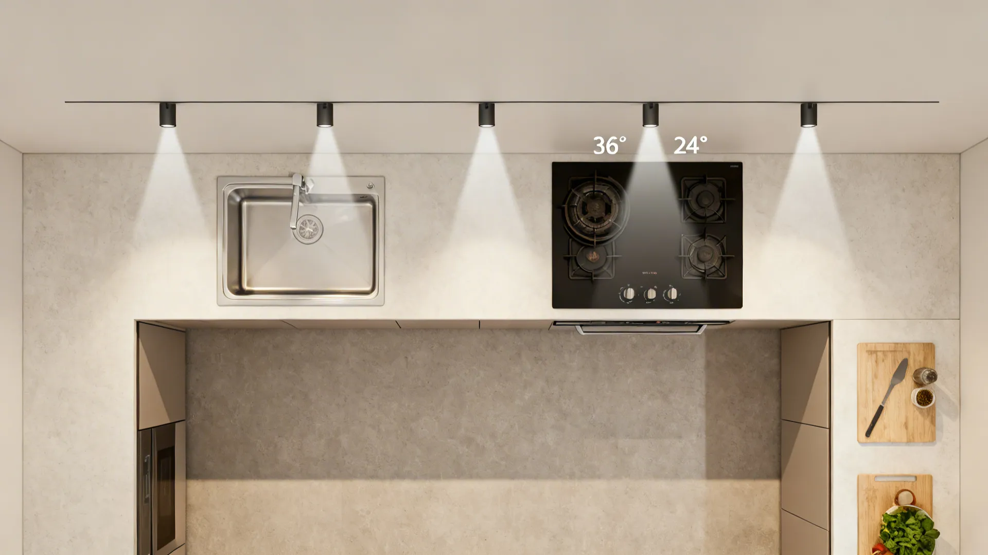 Top-down view illustrating a slim drop ceiling with a 3x3 micro-spot grid aligned to kitchen work zones.