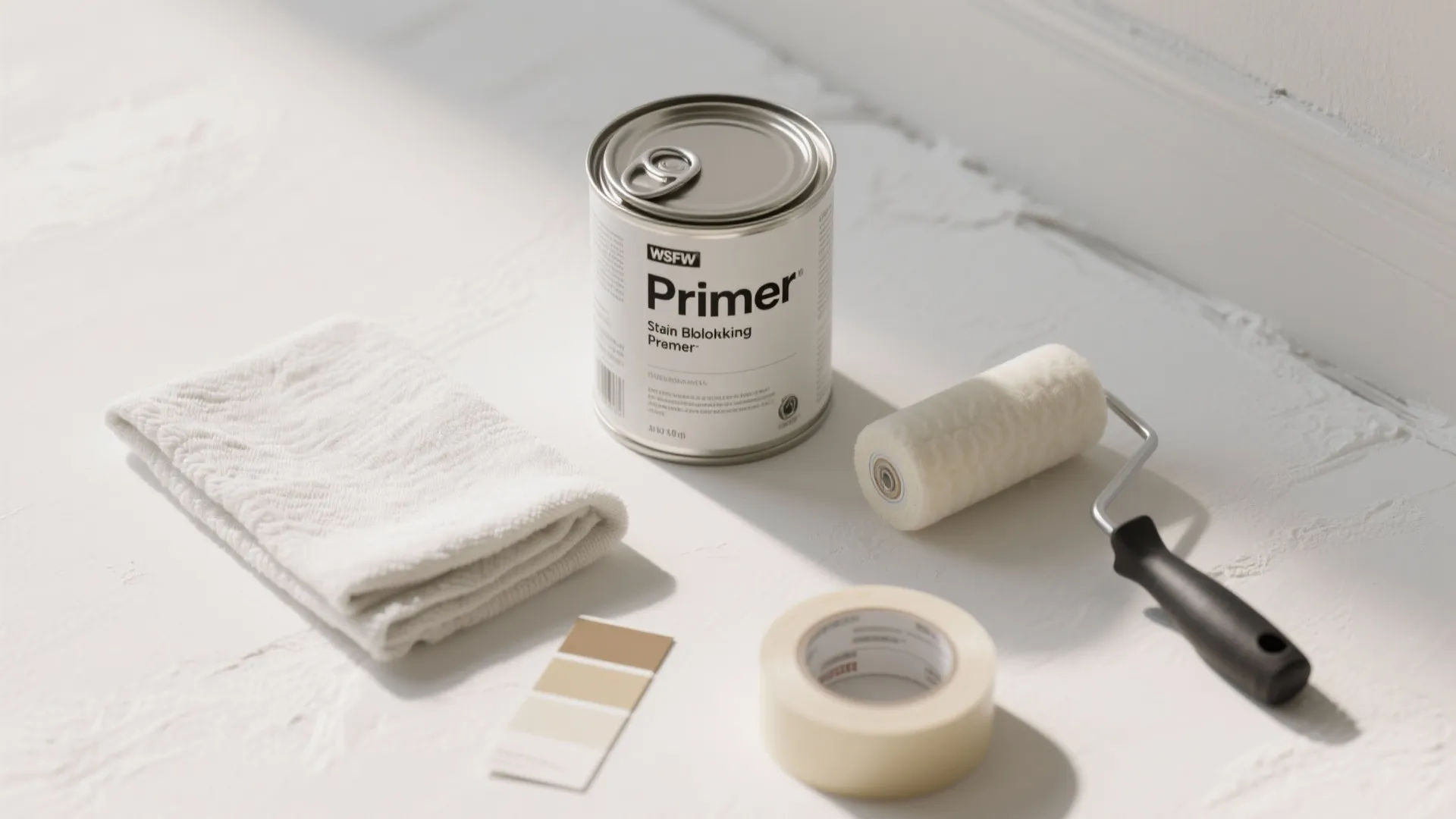 Home repair items with paint primer can roller brush masking tape towel and neutral color swatches