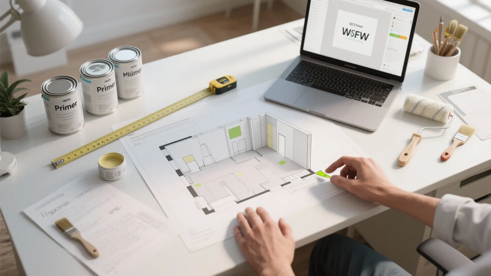 Top-down view of a planning desk with floor plans, paint cans, measuring tape and primer notes.