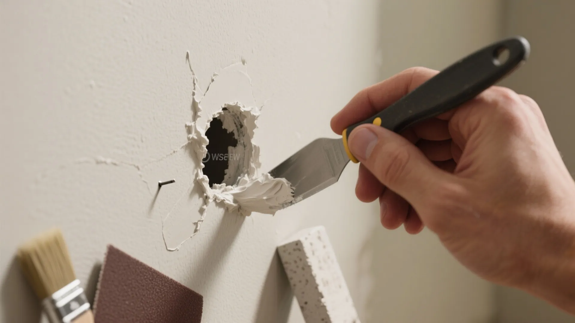A hand uses a small tool to fill a round hole in a white wall