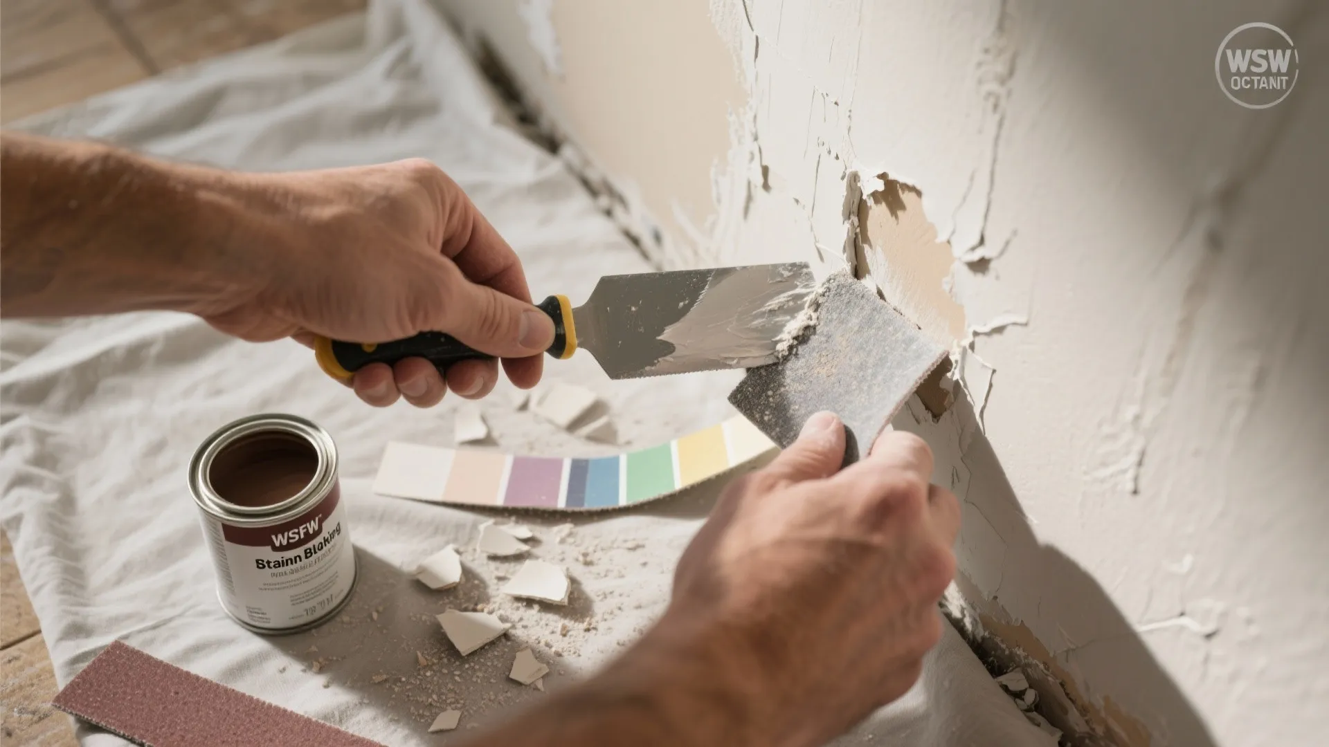 1. Spot repair: scrape, sand, prime, paint