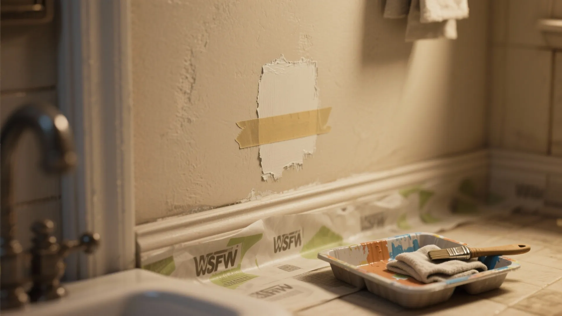 Wall repair showing white patch with yellow tape above a paint tray and small brush