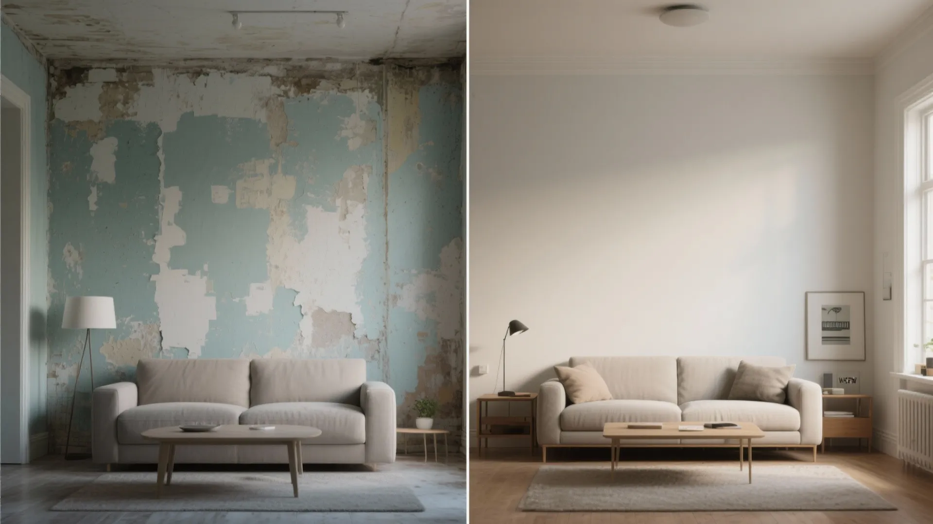 Comparison of living room showing peeling old blue paint versus newly painted clean white walls