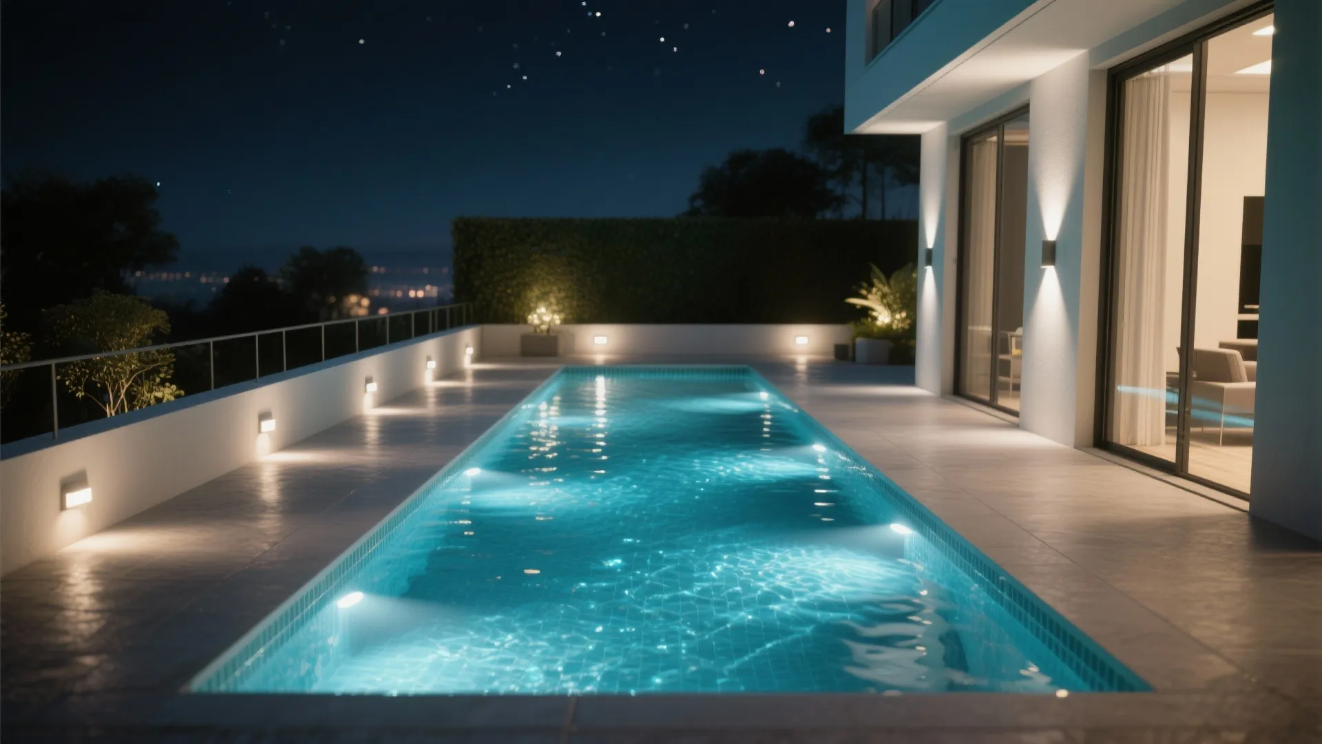 Luxury long lap pool at night with wall light fixtures and glass doors reflecting water