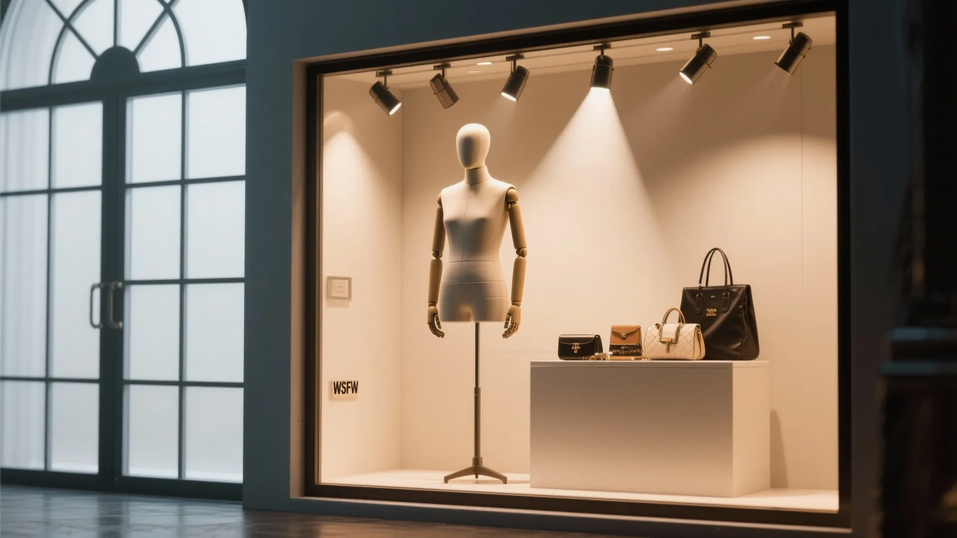 Retail window display with a white mannequin and several designer handbags under bright ceiling lights