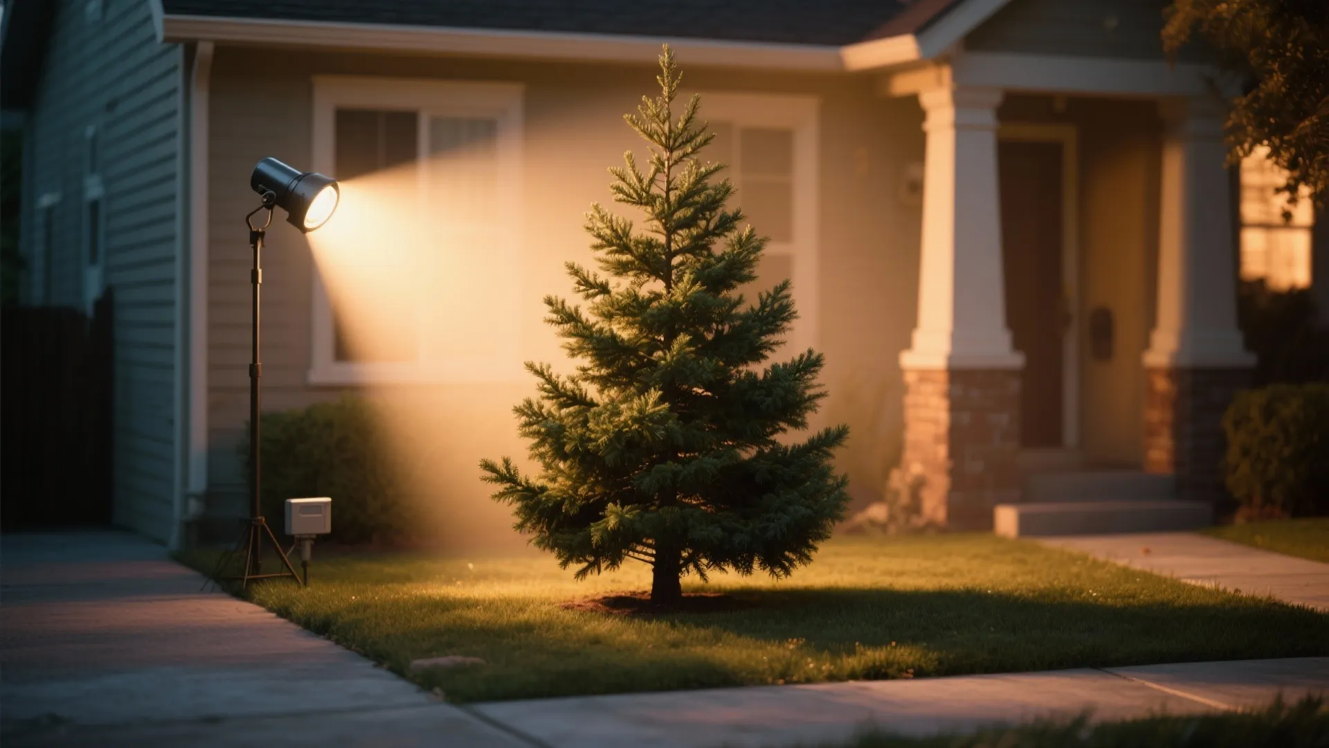 Outdoor light fixture on stand shining bright light onto a small green tree in yard