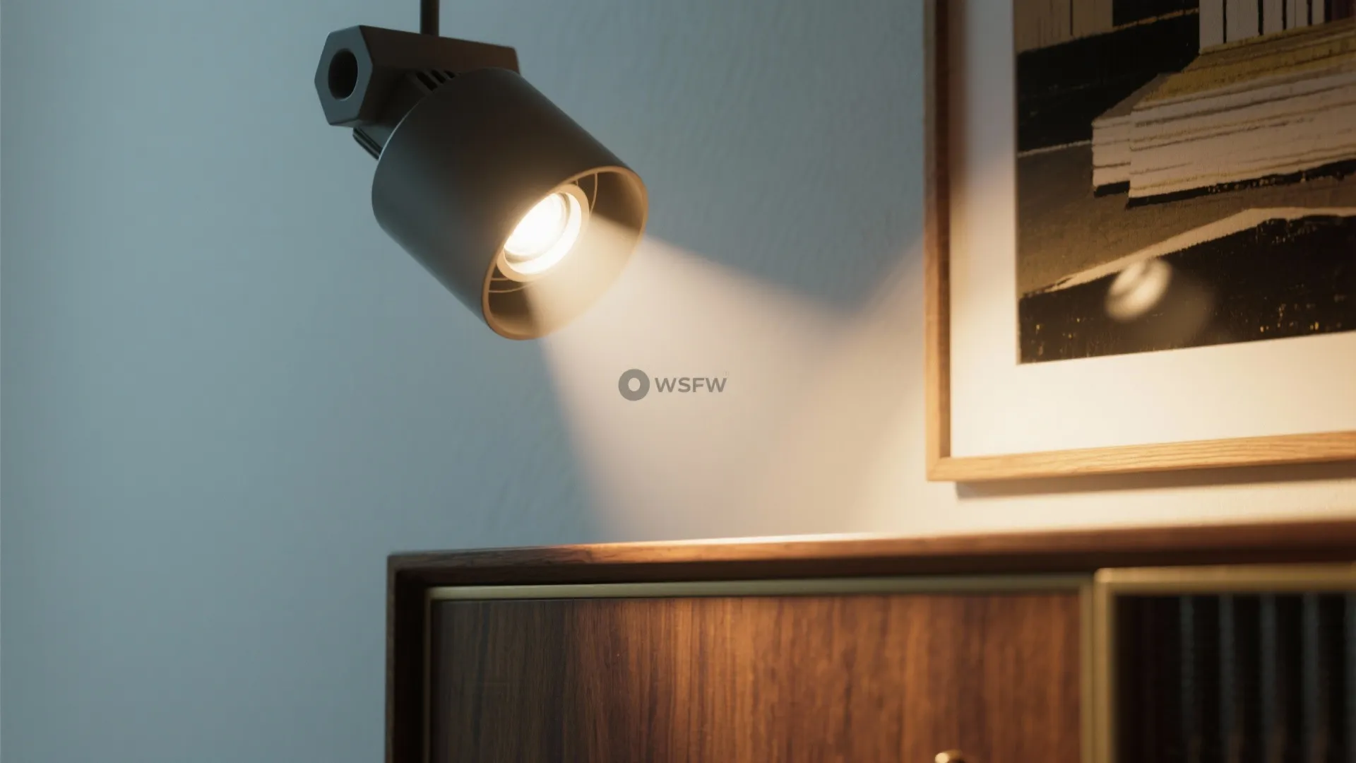 Close up of a black light fixture shining bright light on a wooden cabinet and picture