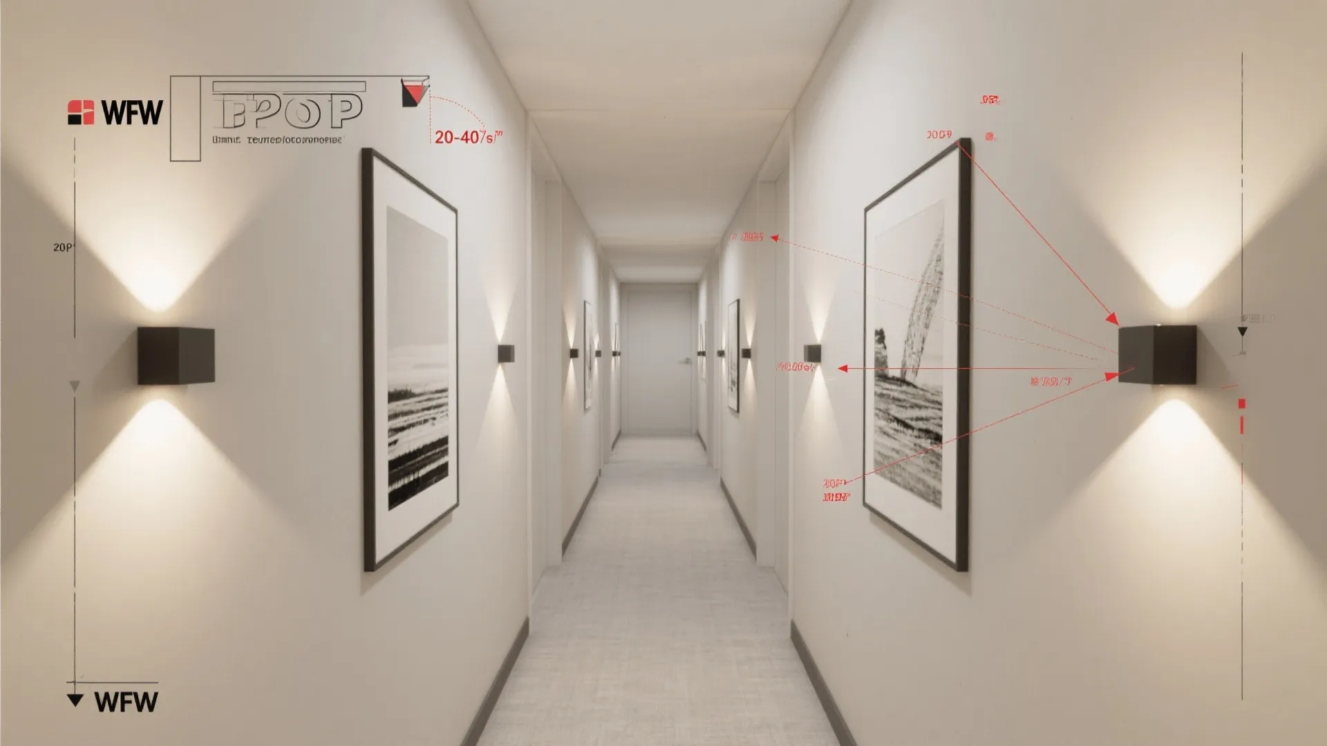 Modern hallway with white walls featuring black square wall light fixtures and framed art pieces